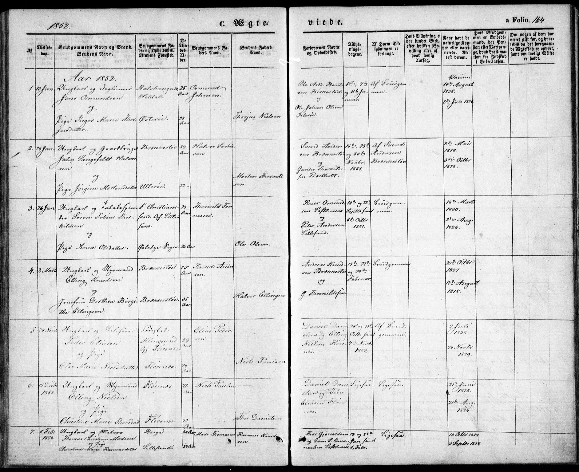 Vestre Moland sokneprestkontor, SAK/1111-0046/F/Fb/Fbb/L0003: Parish register (copy) no. B 3, 1851-1861, p. 164