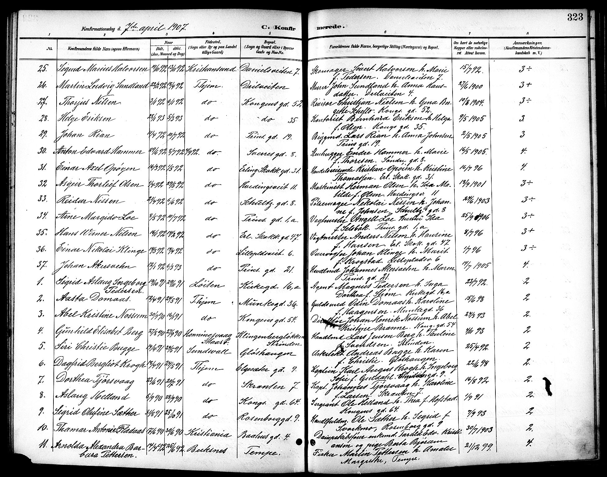 Ministerialprotokoller, klokkerbøker og fødselsregistre - Sør-Trøndelag, SAT/A-1456/601/L0094: Parish register (copy) no. 601C12, 1898-1911, p. 323