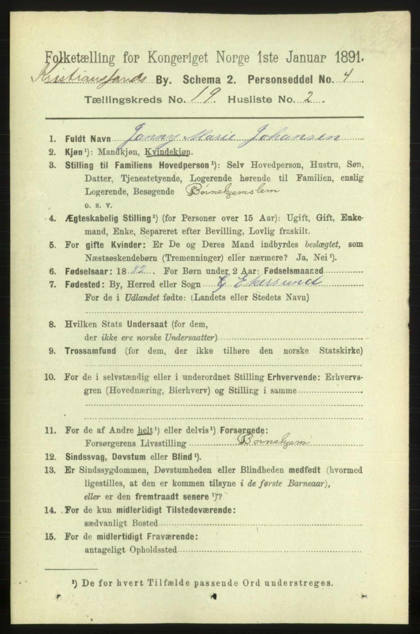 RA, 1891 census for 1001 Kristiansand, 1891, p. 7298