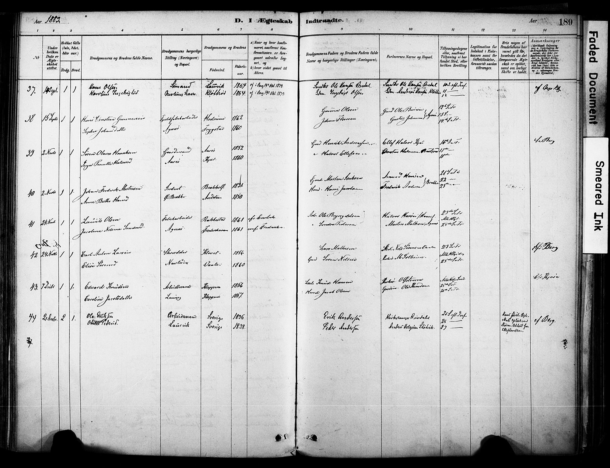 Brunlanes kirkebøker, AV/SAKO-A-342/F/Fc/L0001: Parish register (official) no. III 1, 1878-1899, p. 189