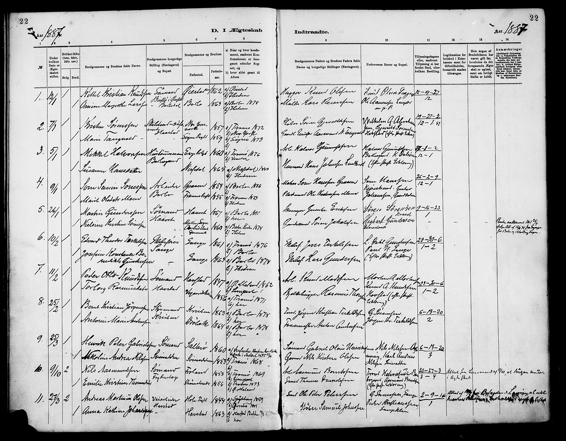 Barbu sokneprestkontor, AV/SAK-1111-0003/F/Fa/L0003: Parish register (official) no. A 3, 1883-1898, p. 22