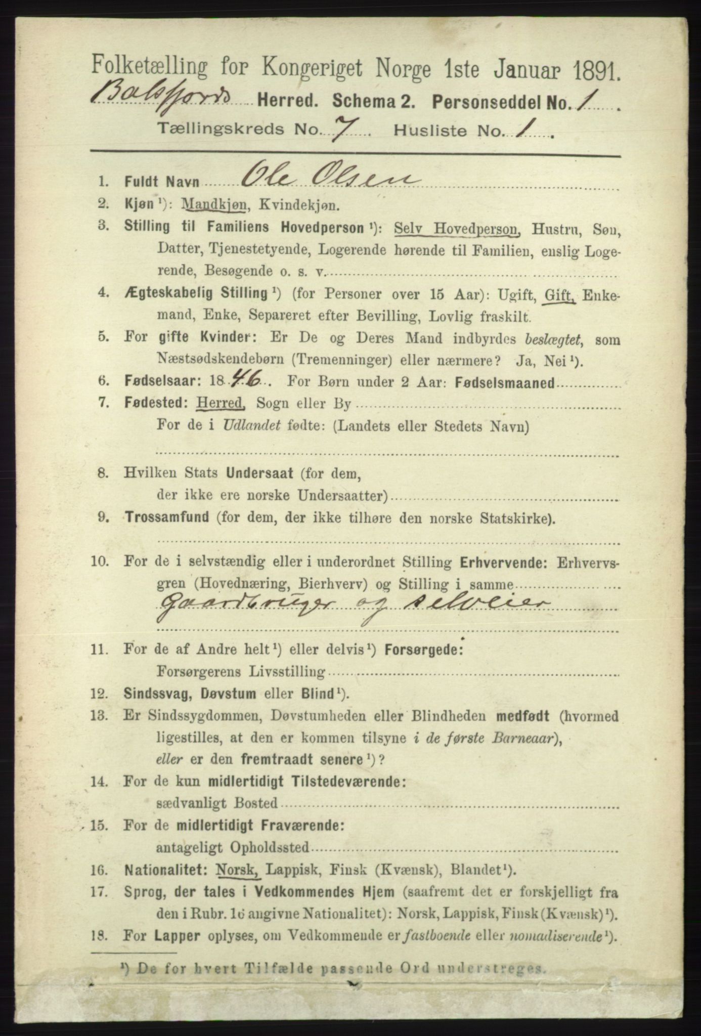 RA, 1891 census for 1933 Balsfjord, 1891, p. 2023