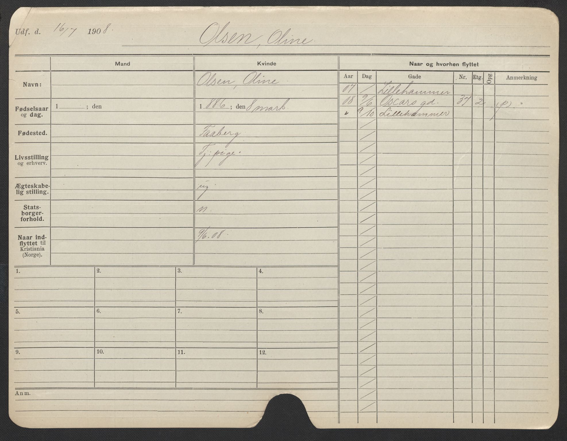 Oslo folkeregister, Registerkort, AV/SAO-A-11715/F/Fa/Fac/L0022: Kvinner, 1906-1914, p. 270a