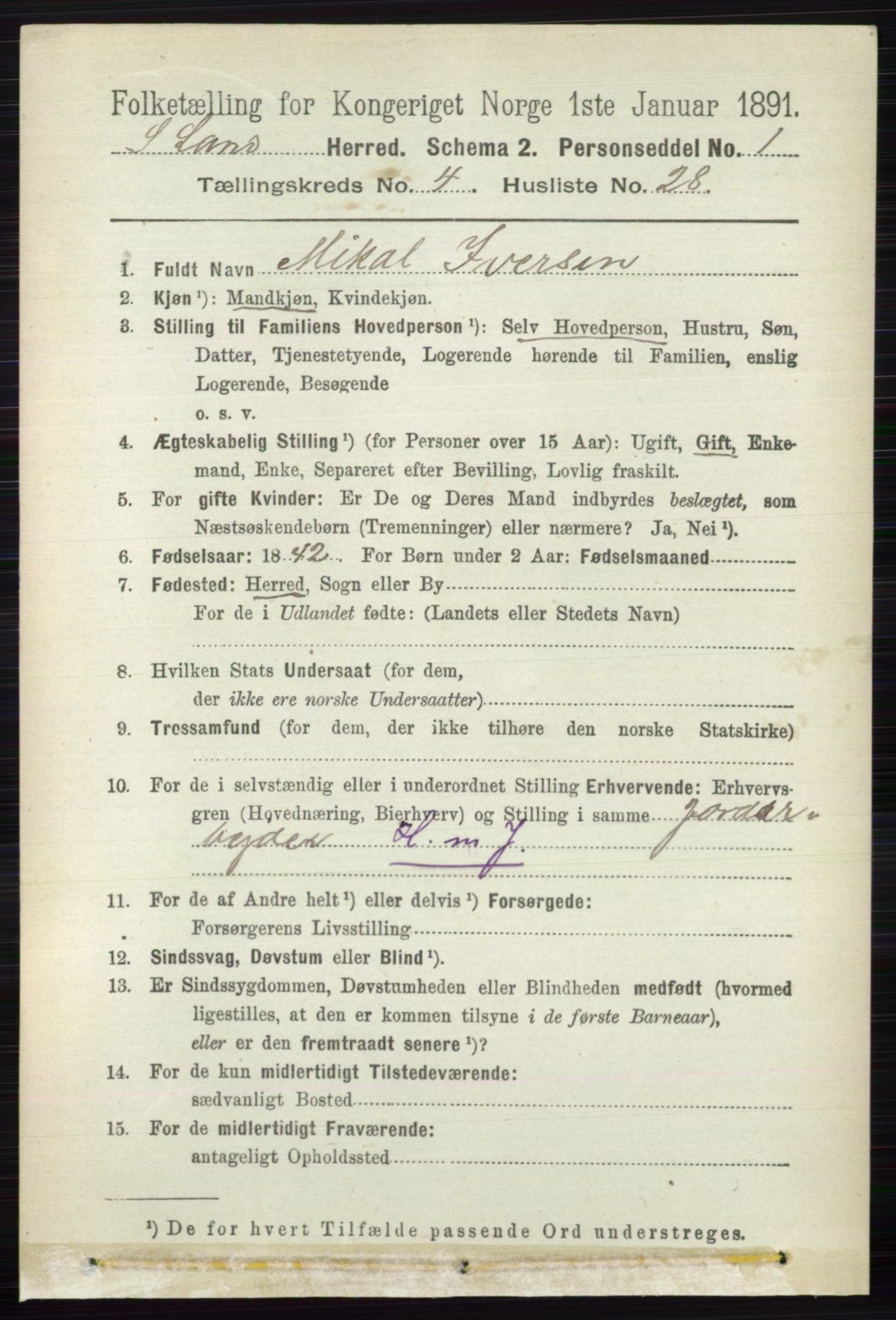 RA, 1891 census for 0536 Søndre Land, 1891, p. 4148