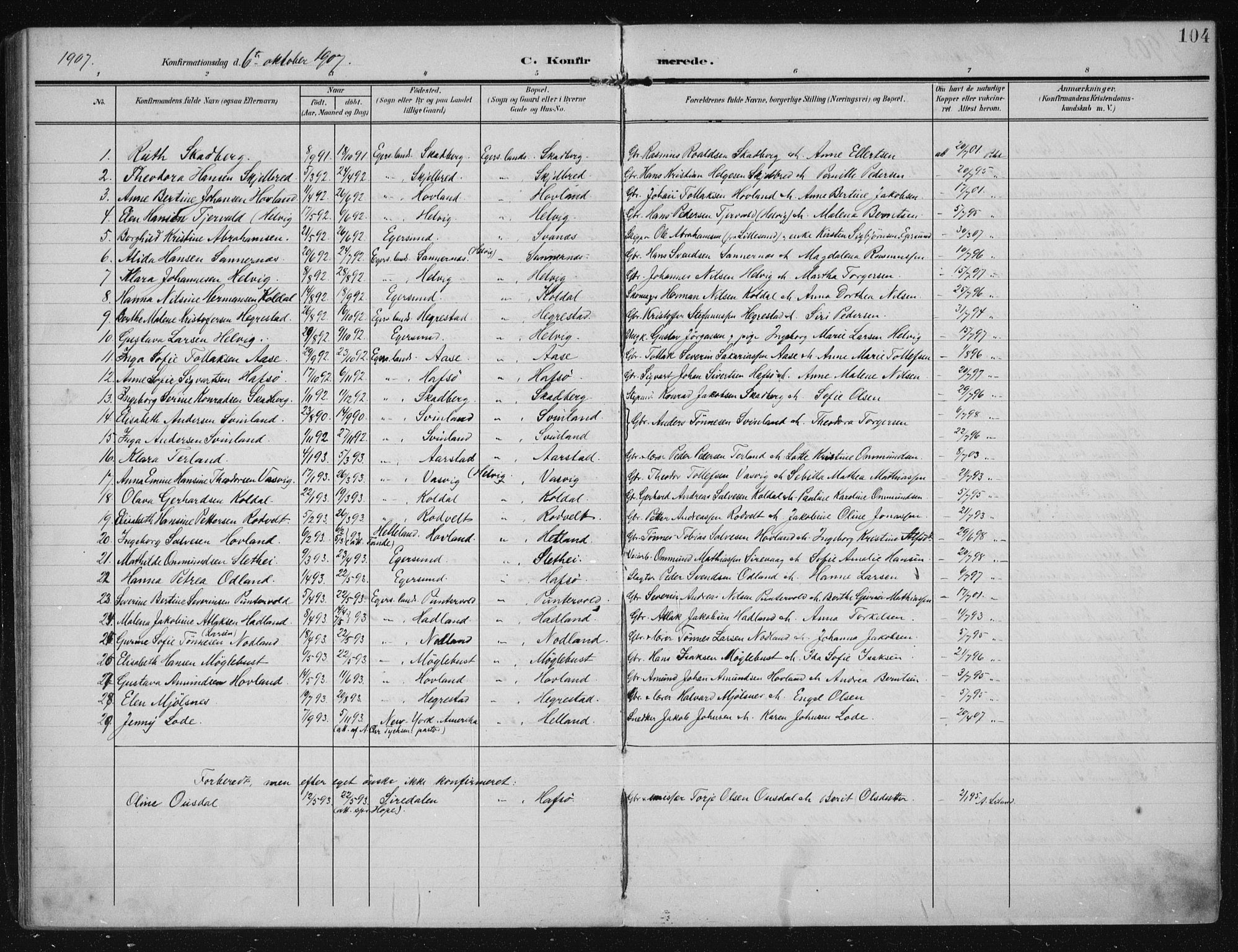 Eigersund sokneprestkontor, SAST/A-101807/S08/L0021: Parish register (official) no. A 20, 1906-1928, p. 104