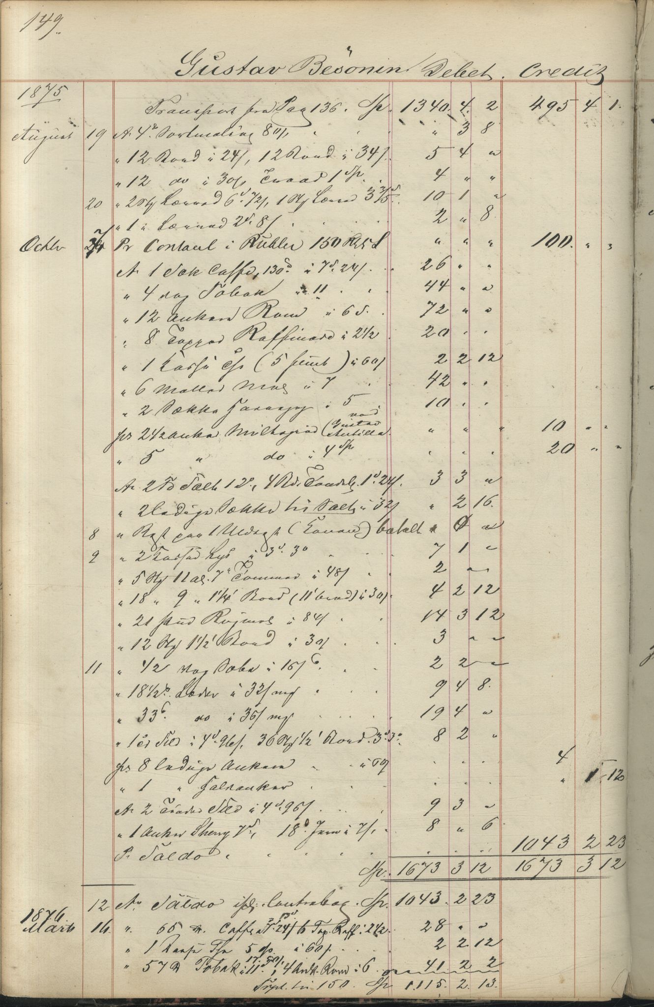 Brodtkorb handel A/S, VAMU/A-0001/F/Fc/L0001/0001: Konto for kvener og nordmenn på Kolahalvøya  / Conto for Kvæner og Nordmænd paa Russefinmarken No 1, 1868-1894, p. 149