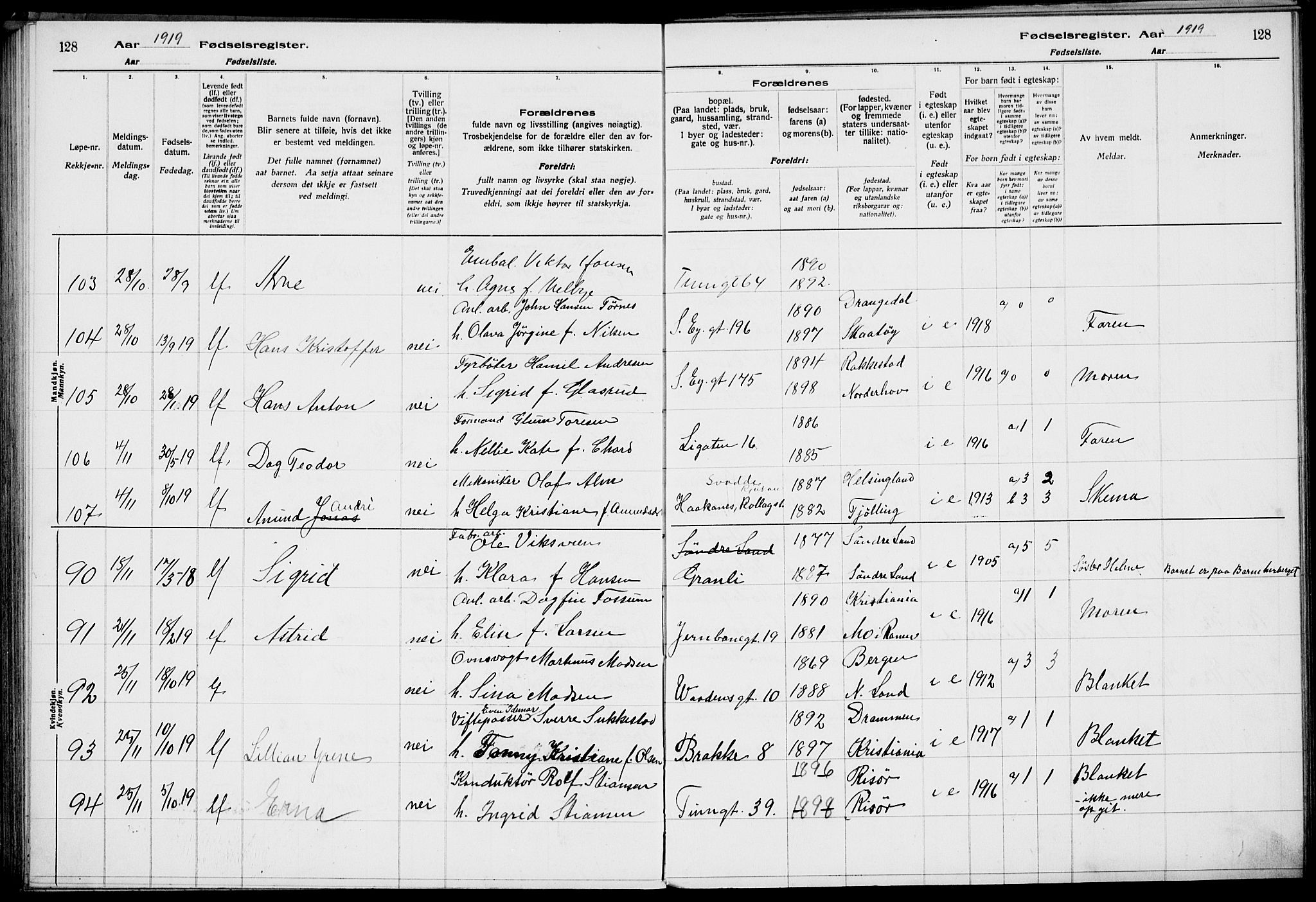 Rjukan kirkebøker, AV/SAKO-A-294/J/Ja/L0001: Birth register no. 1, 1916-1922, p. 128