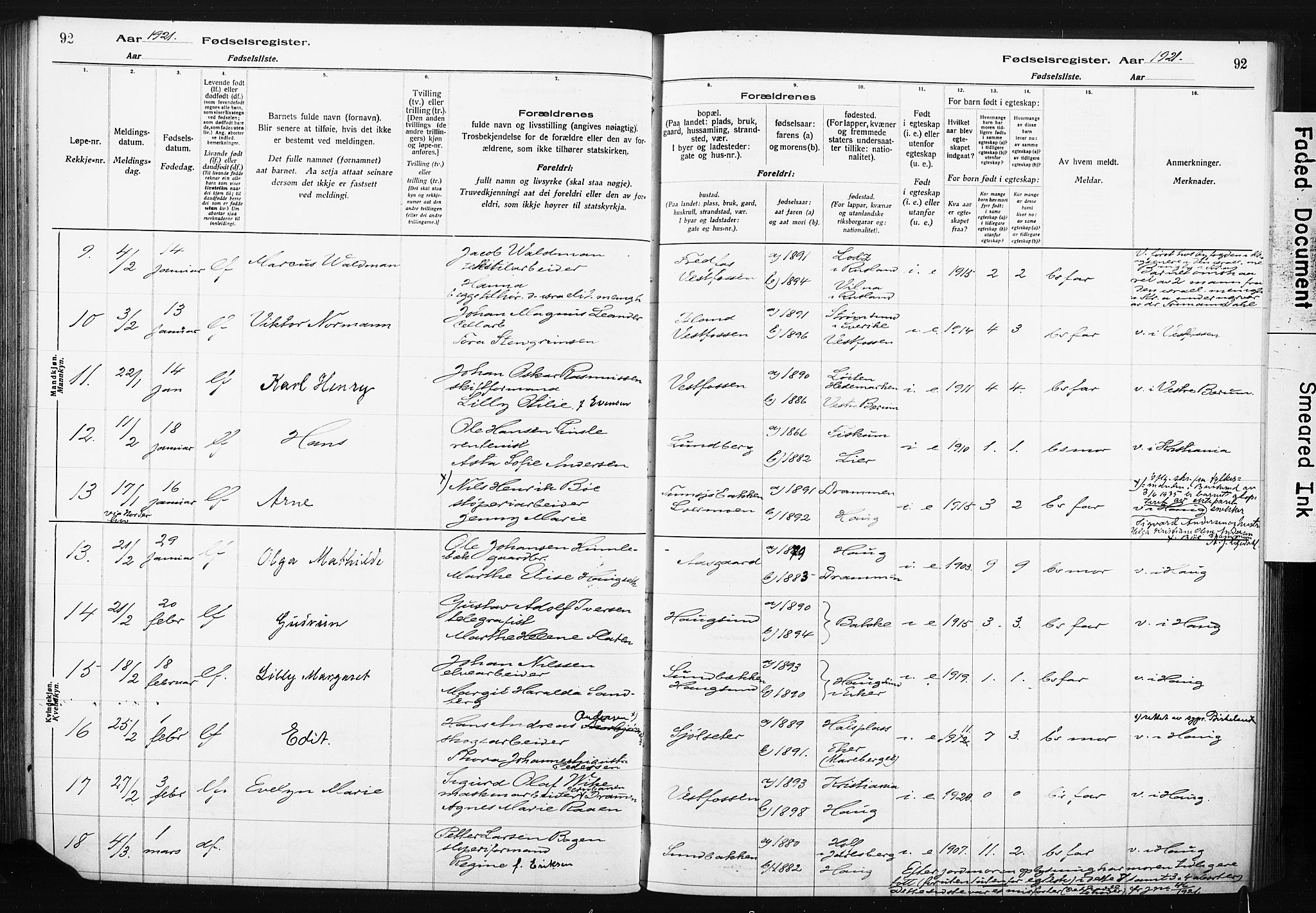 Eiker kirkebøker, AV/SAKO-A-4/J/Ja/L0001: Birth register no. I 1, 1916-1927, p. 92