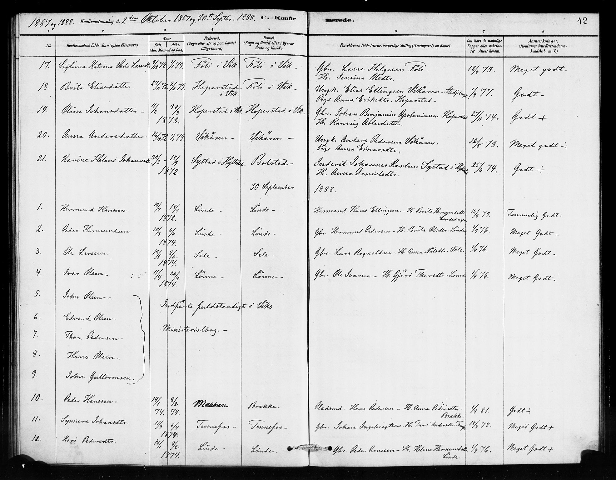 Vik sokneprestembete, AV/SAB-A-81501/H/Haa/Haad/L0001: Parish register (official) no. D 1, 1878-1890, p. 42