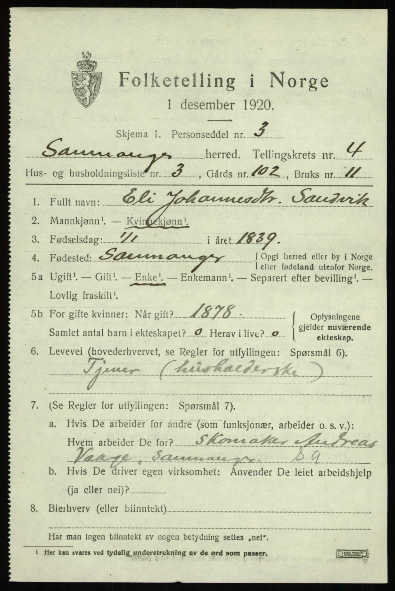 SAB, 1920 census for Samnanger, 1920, p. 1689