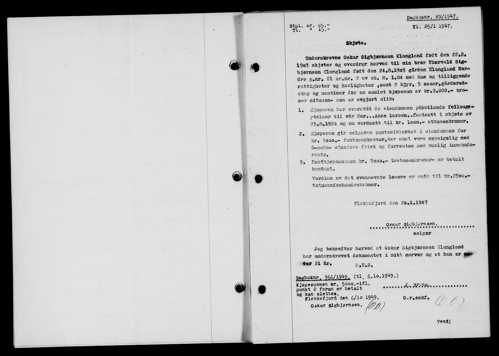Flekkefjord sorenskriveri, SAK/1221-0001/G/Gb/Gba/L0061: Mortgage book no. A-9, 1946-1947, Diary no: : 89/1947