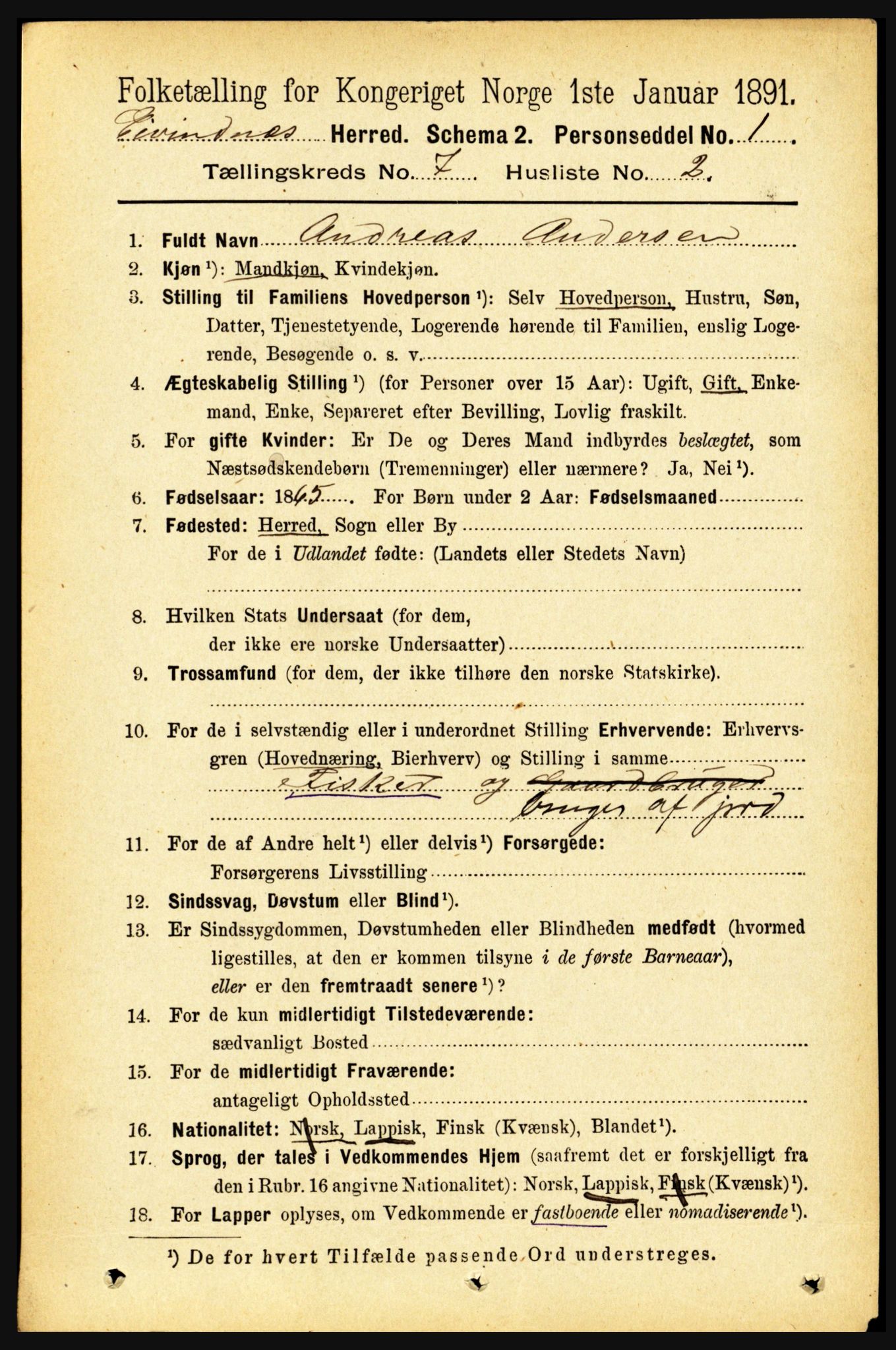 RA, 1891 census for 1853 Evenes, 1891, p. 2176