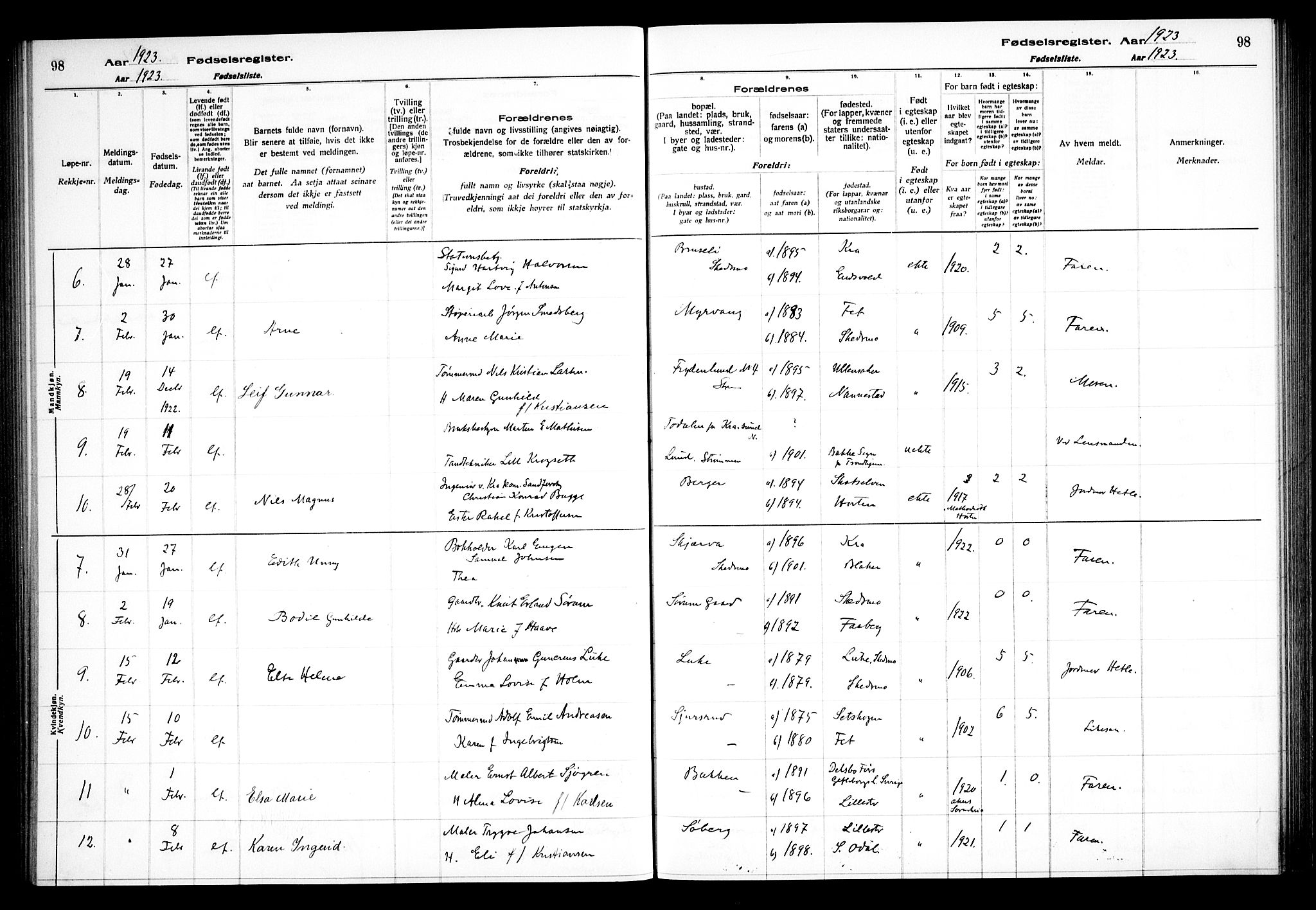 Skedsmo prestekontor Kirkebøker, SAO/A-10033a/J/Ja/L0001: Birth register no. I 1, 1916-1931, p. 98