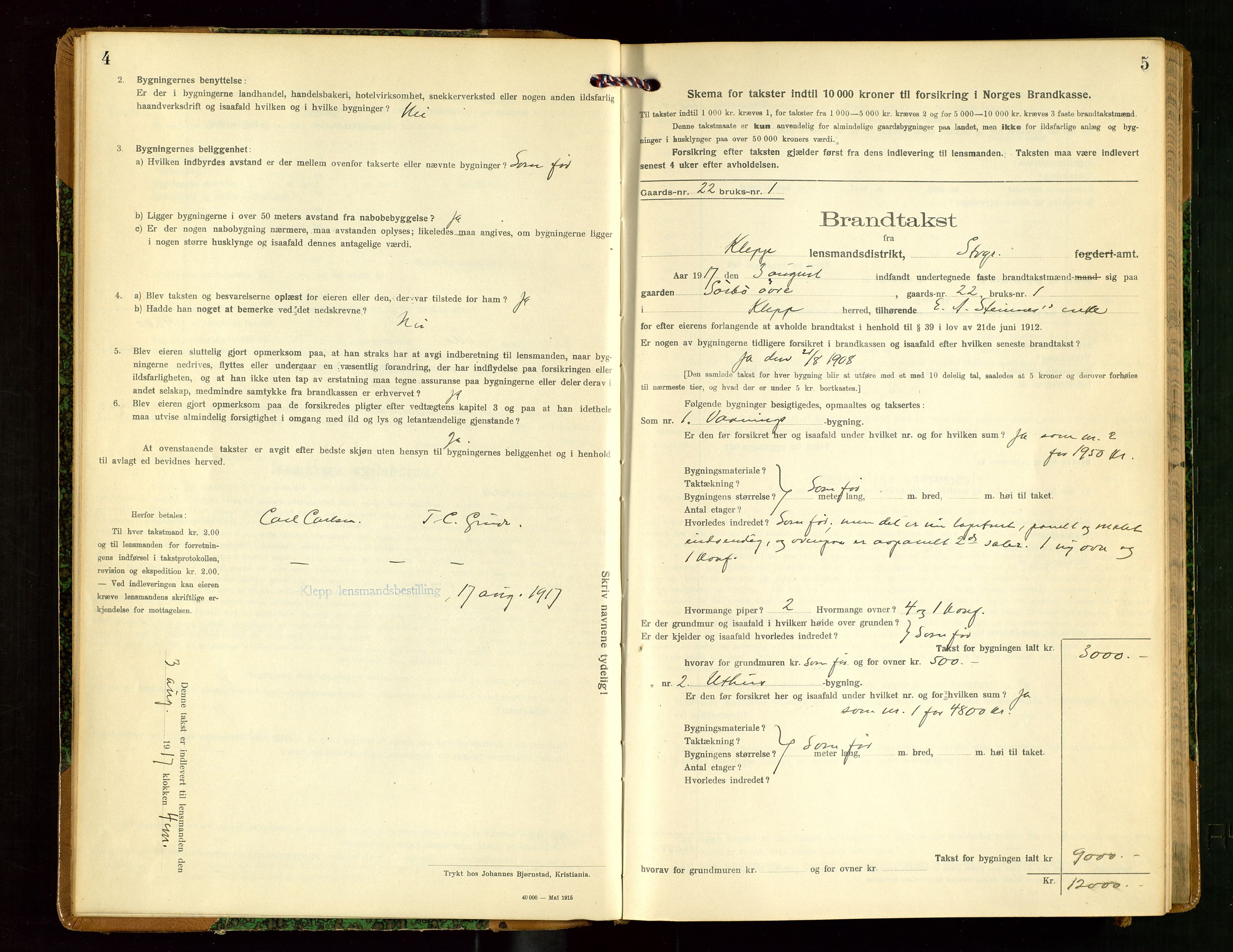 Klepp lensmannskontor, AV/SAST-A-100163/Goc/L0009: "Brandtakstprotokol" m/register, 1917-1919, p. 4-5