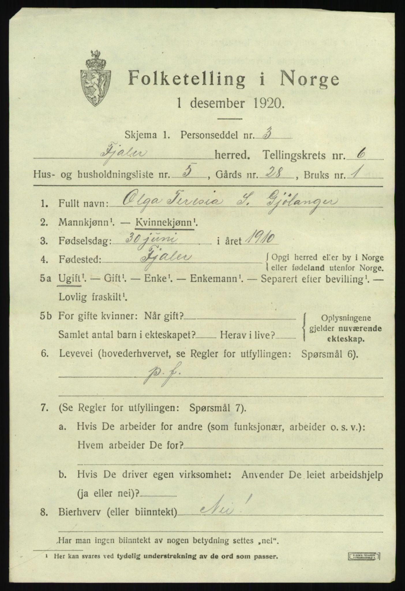 SAB, 1920 census for Fjaler, 1920, p. 3789