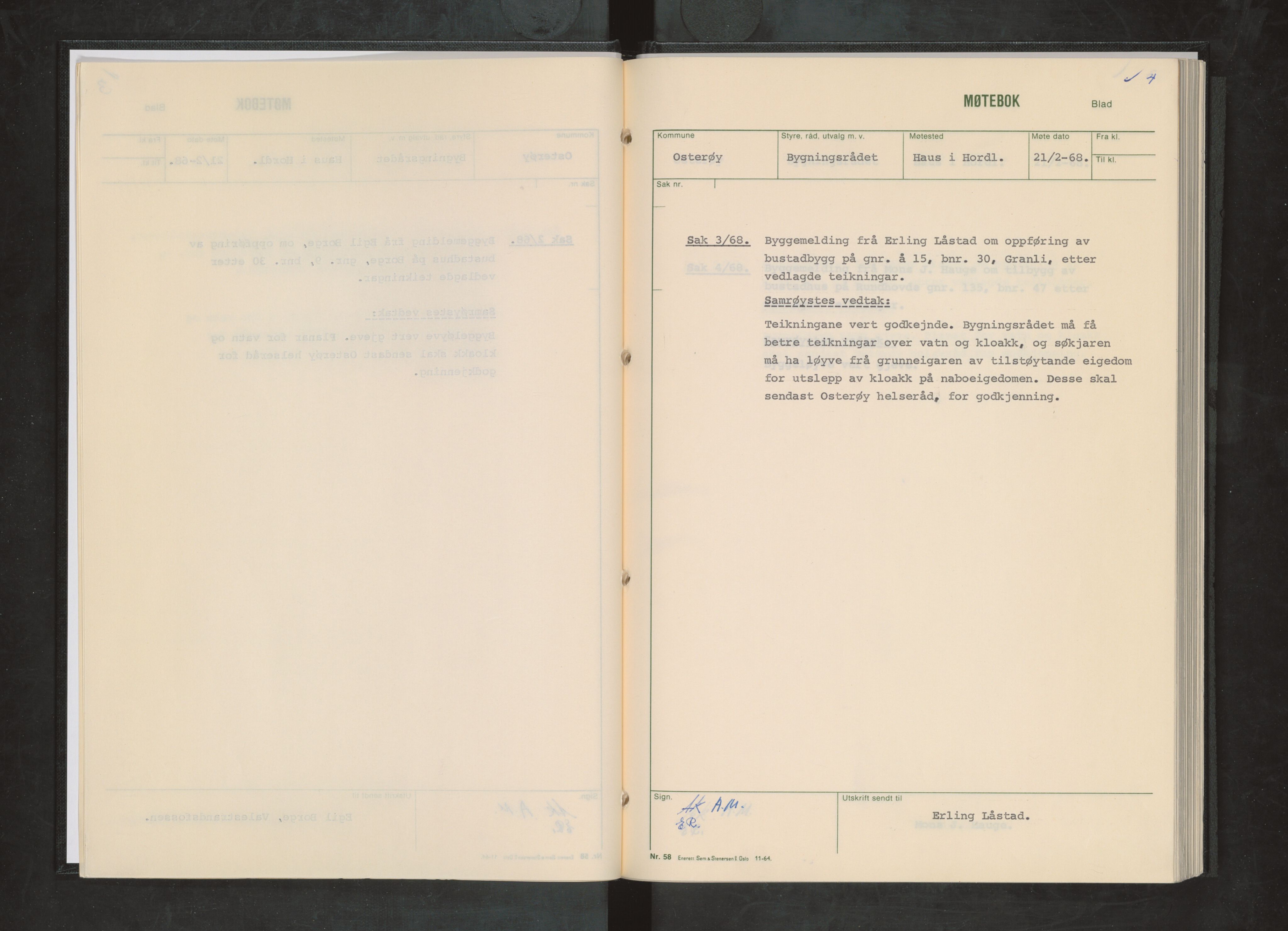 Osterøy kommune. Bygningsrådet, IKAH/1253b-511/A/Aa/L0003: Møtebok Osterøy bygningsråd, 1968