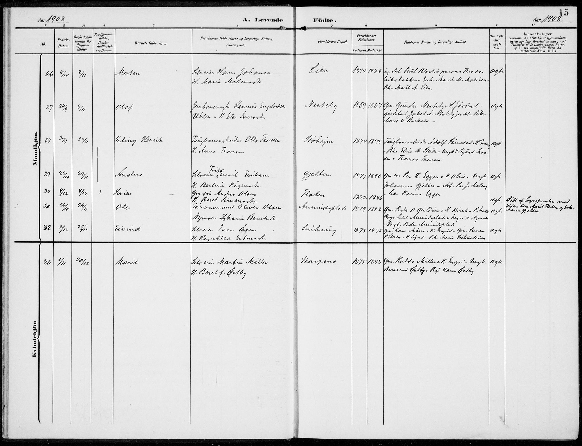 Alvdal prestekontor, AV/SAH-PREST-060/H/Ha/Haa/L0004: Parish register (official) no. 4, 1907-1919, p. 15
