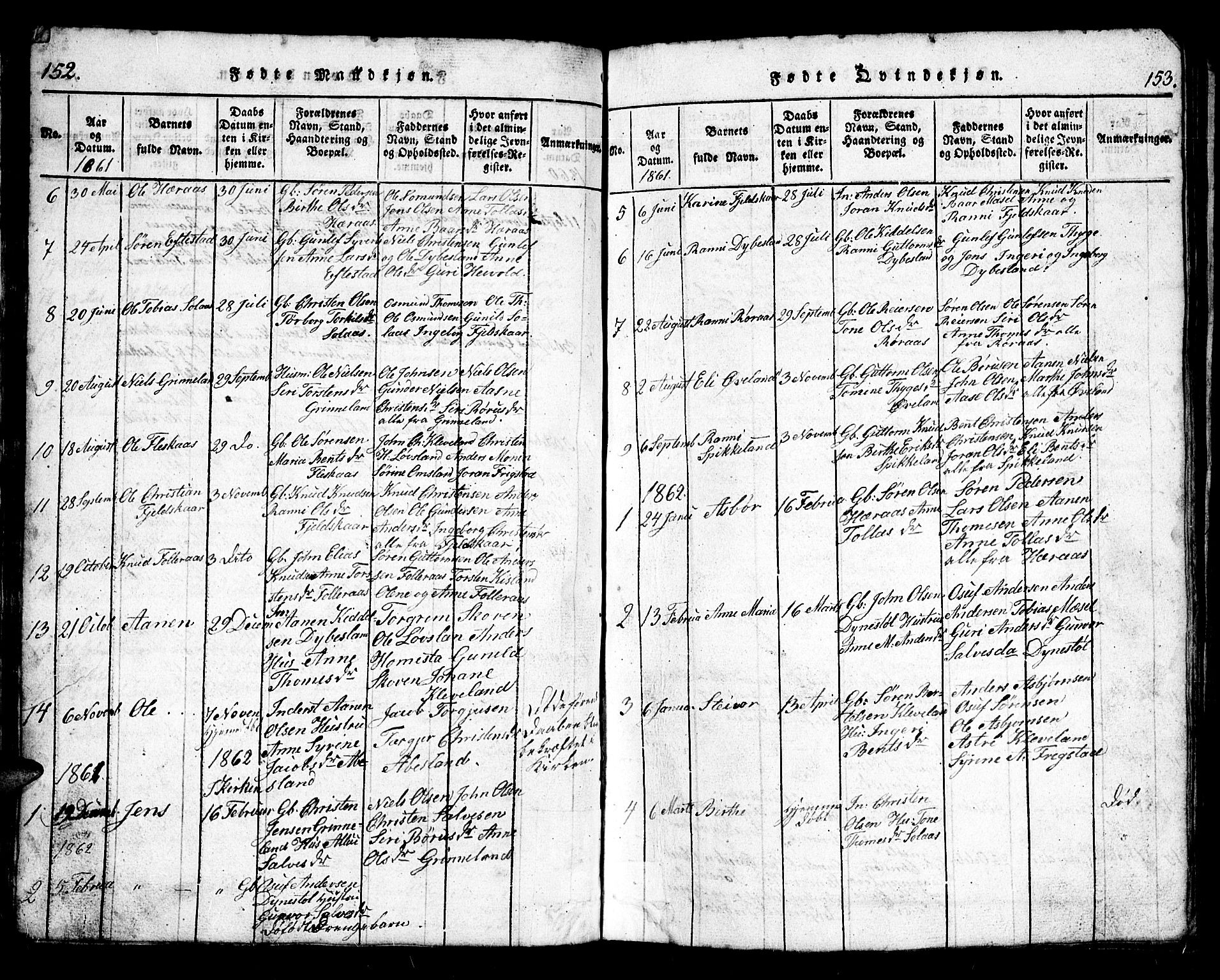 Bjelland sokneprestkontor, AV/SAK-1111-0005/F/Fb/Fbb/L0003: Parish register (copy) no. B 3, 1816-1868, p. 152-153