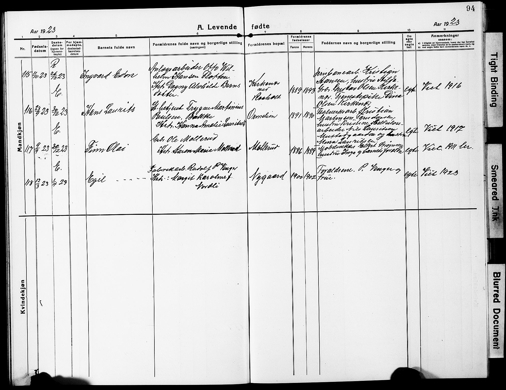 Eidsvoll prestekontor Kirkebøker, AV/SAO-A-10888/G/Ga/L0010: Parish register (copy) no. I 10, 1919-1929, p. 94