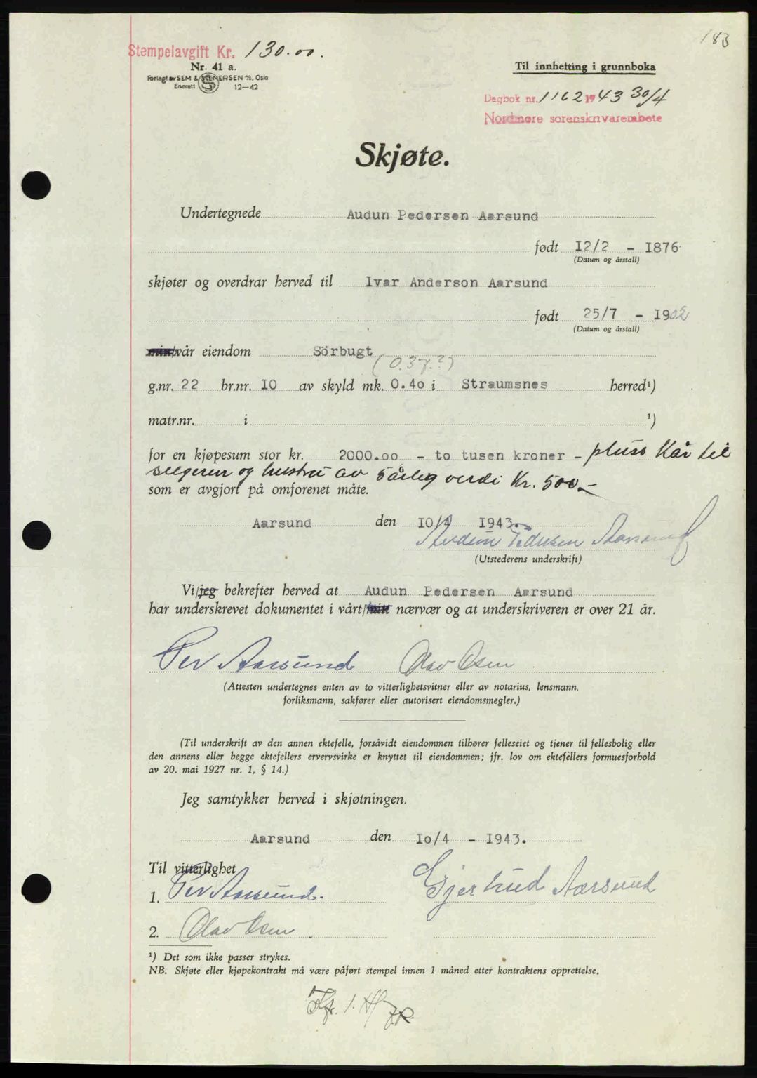 Nordmøre sorenskriveri, AV/SAT-A-4132/1/2/2Ca: Mortgage book no. A95, 1943-1943, Diary no: : 1162/1943