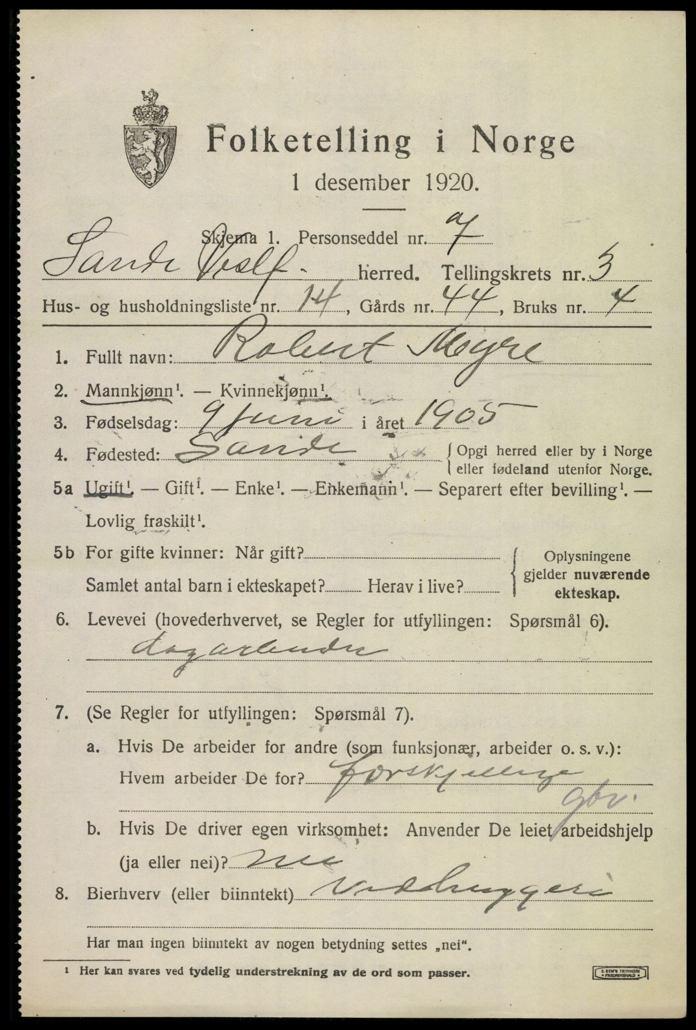 SAKO, 1920 census for Sande, 1920, p. 4242