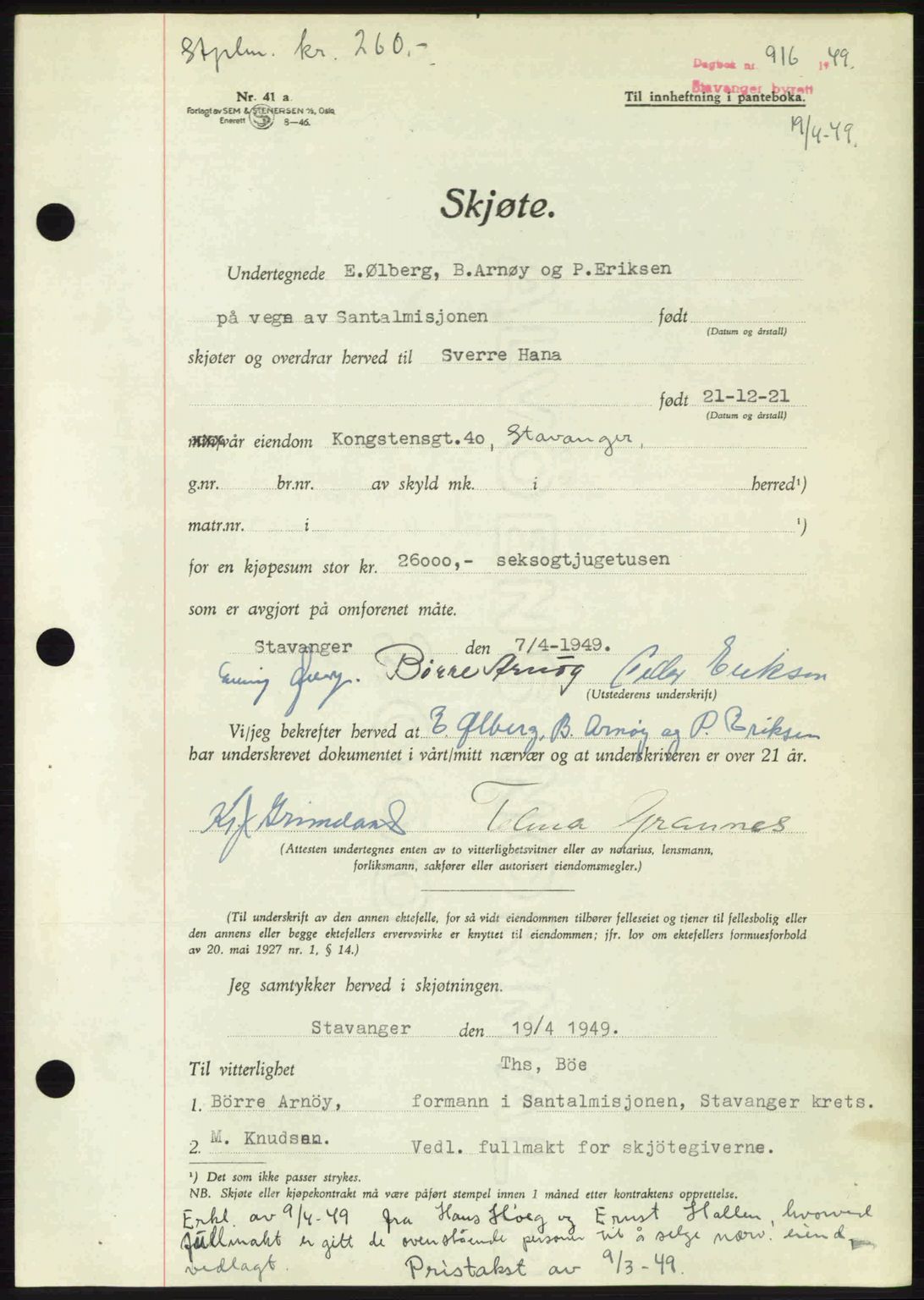 Stavanger byrett, SAST/A-100455/002/G/Gb/L0023: Mortgage book no. A12, 1948-1949, Diary no: : 916/1949
