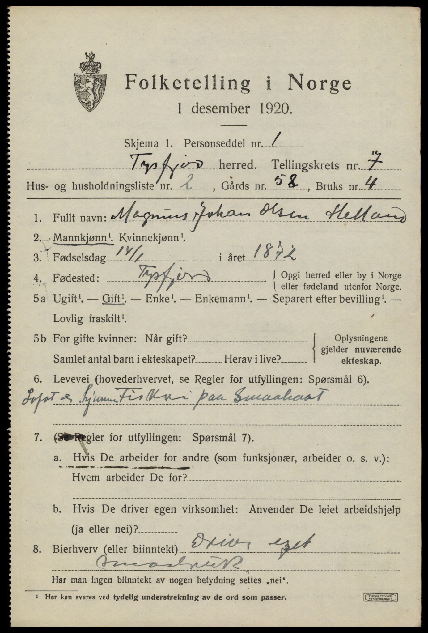 SAT, 1920 census for Tysfjord, 1920, p. 5161