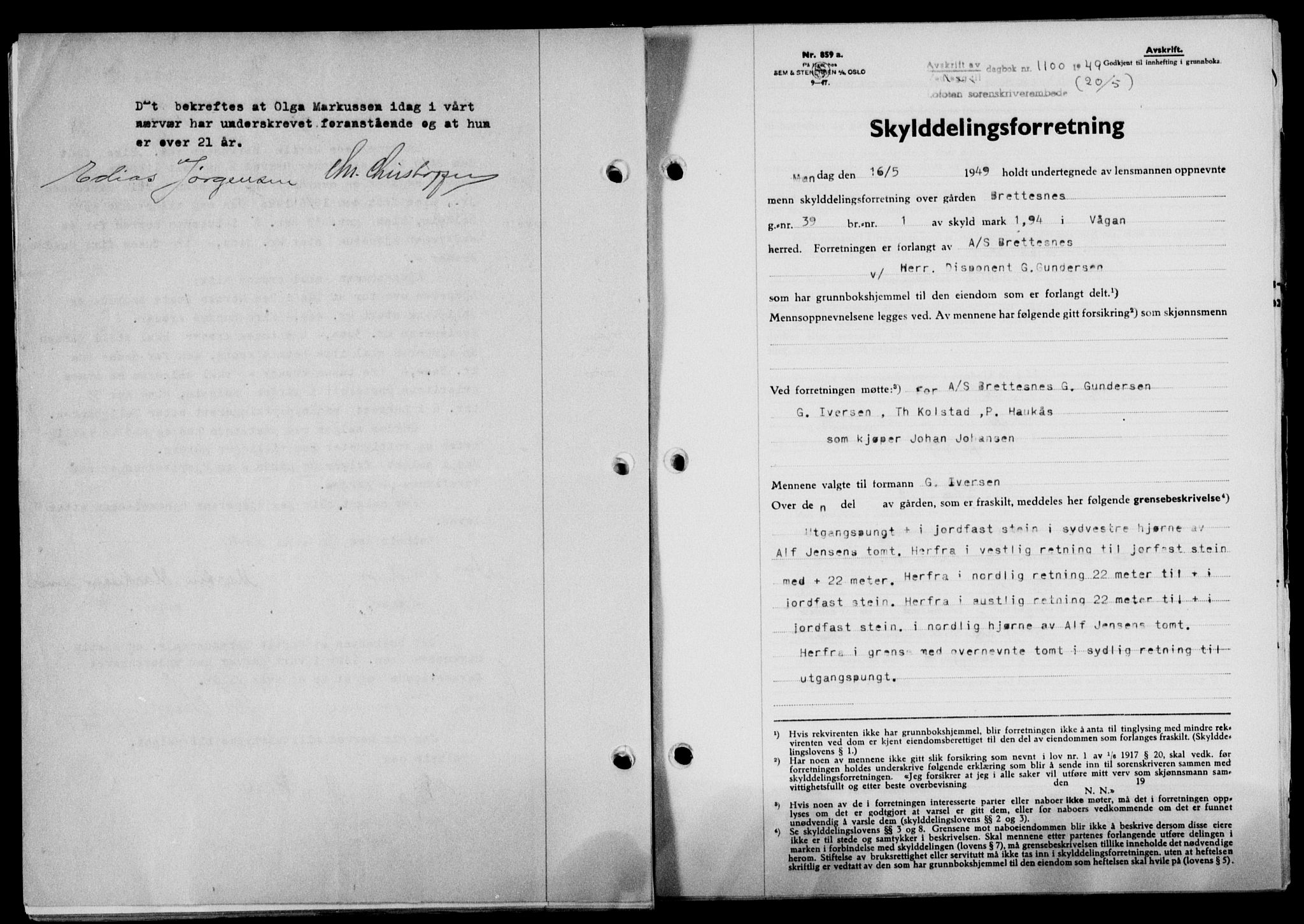 Lofoten sorenskriveri, SAT/A-0017/1/2/2C/L0020a: Mortgage book no. 20a, 1948-1949, Diary no: : 1100/1949