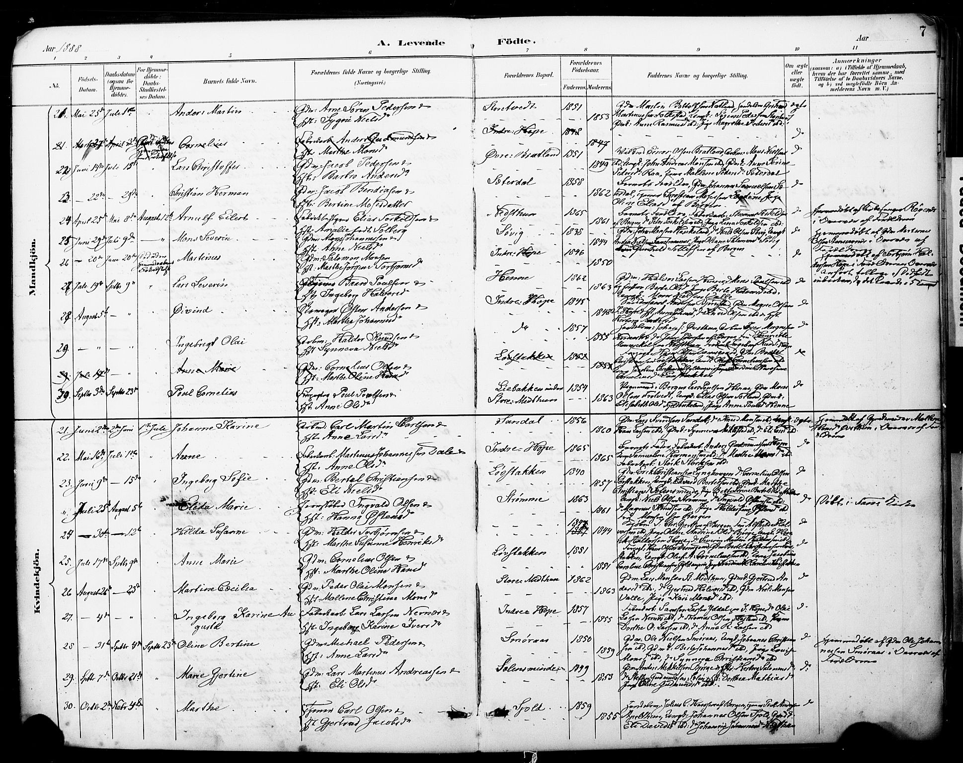 Fana Sokneprestembete, AV/SAB-A-75101/H/Haa/Haai/L0002: Parish register (official) no. I 2, 1888-1899, p. 7