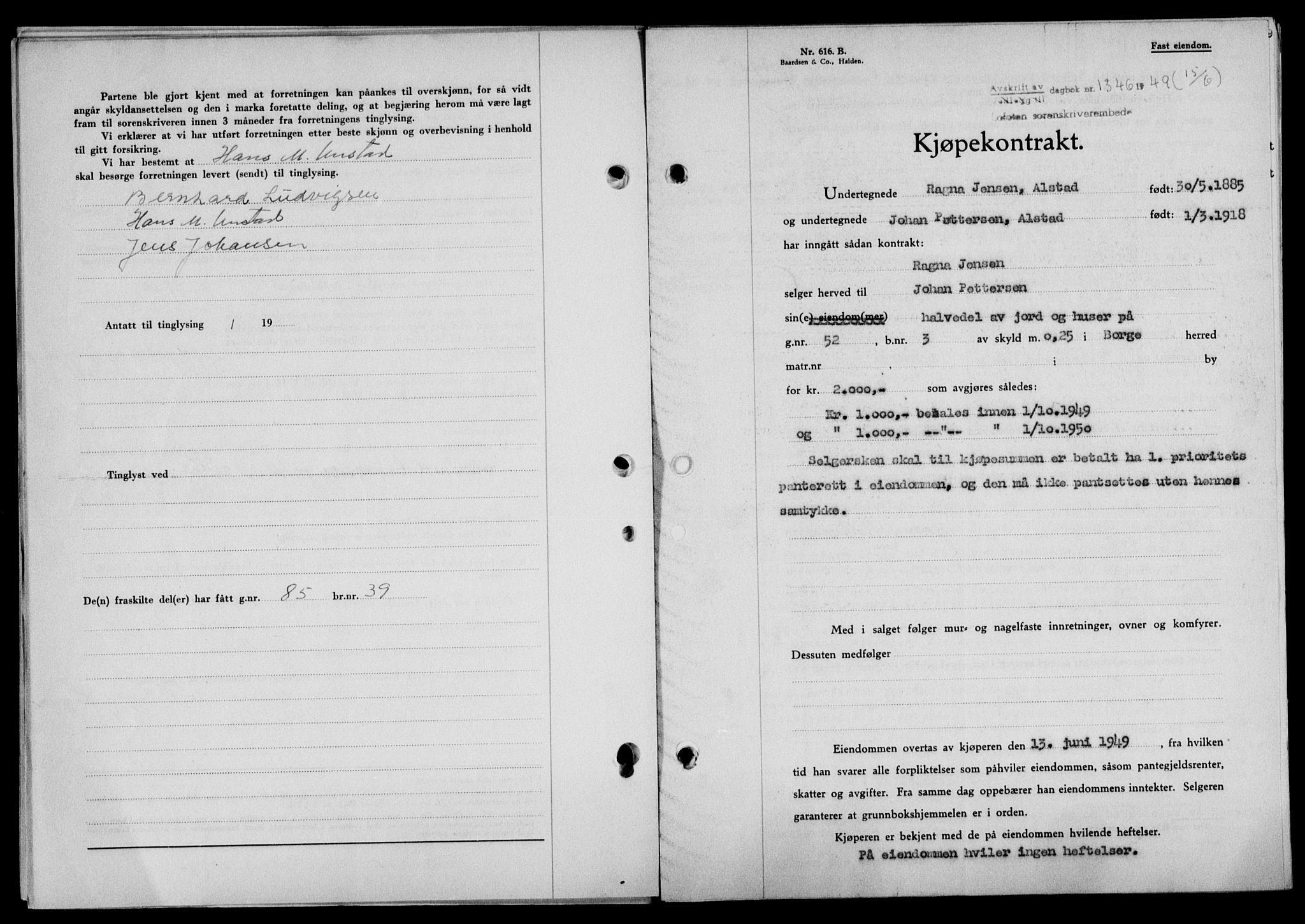Lofoten sorenskriveri, SAT/A-0017/1/2/2C/L0021a: Mortgage book no. 21a, 1949-1949, Diary no: : 1346/1949