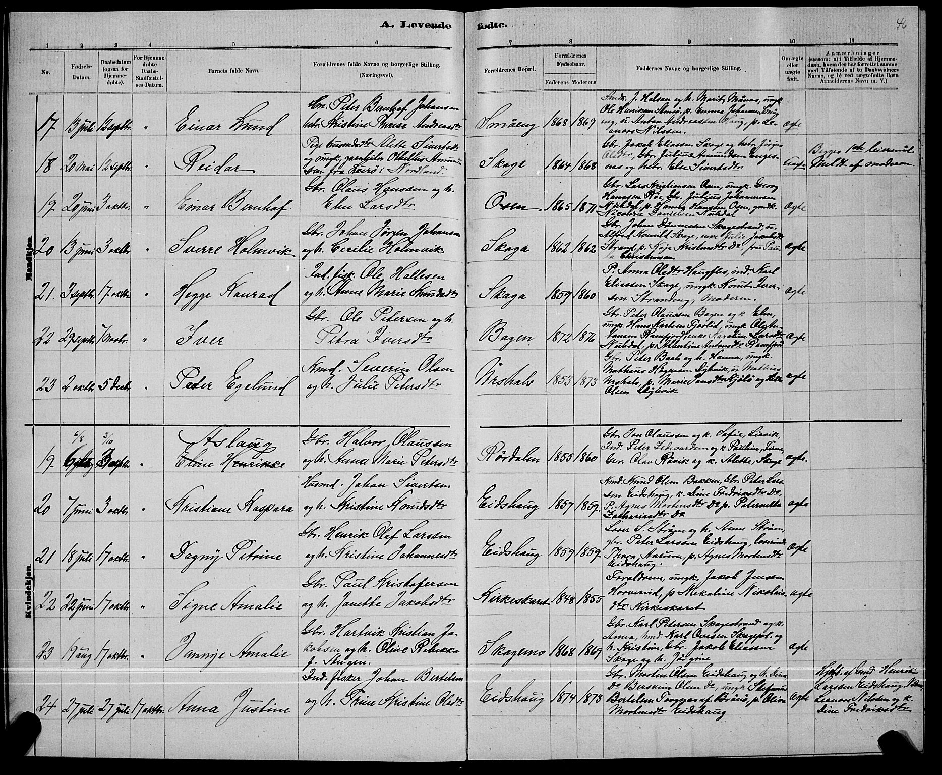 Ministerialprotokoller, klokkerbøker og fødselsregistre - Nord-Trøndelag, AV/SAT-A-1458/780/L0651: Parish register (copy) no. 780C03, 1884-1898, p. 46