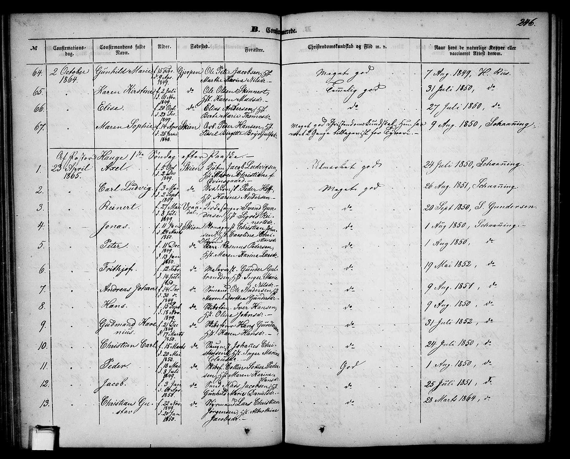 Skien kirkebøker, SAKO/A-302/G/Ga/L0004: Parish register (copy) no. 4, 1843-1867, p. 246