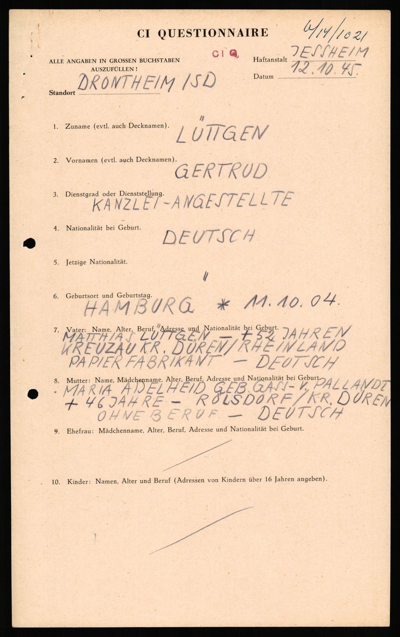 Forsvaret, Forsvarets overkommando II, RA/RAFA-3915/D/Db/L0020: CI Questionaires. Tyske okkupasjonsstyrker i Norge. Tyskere., 1945-1946, p. 484