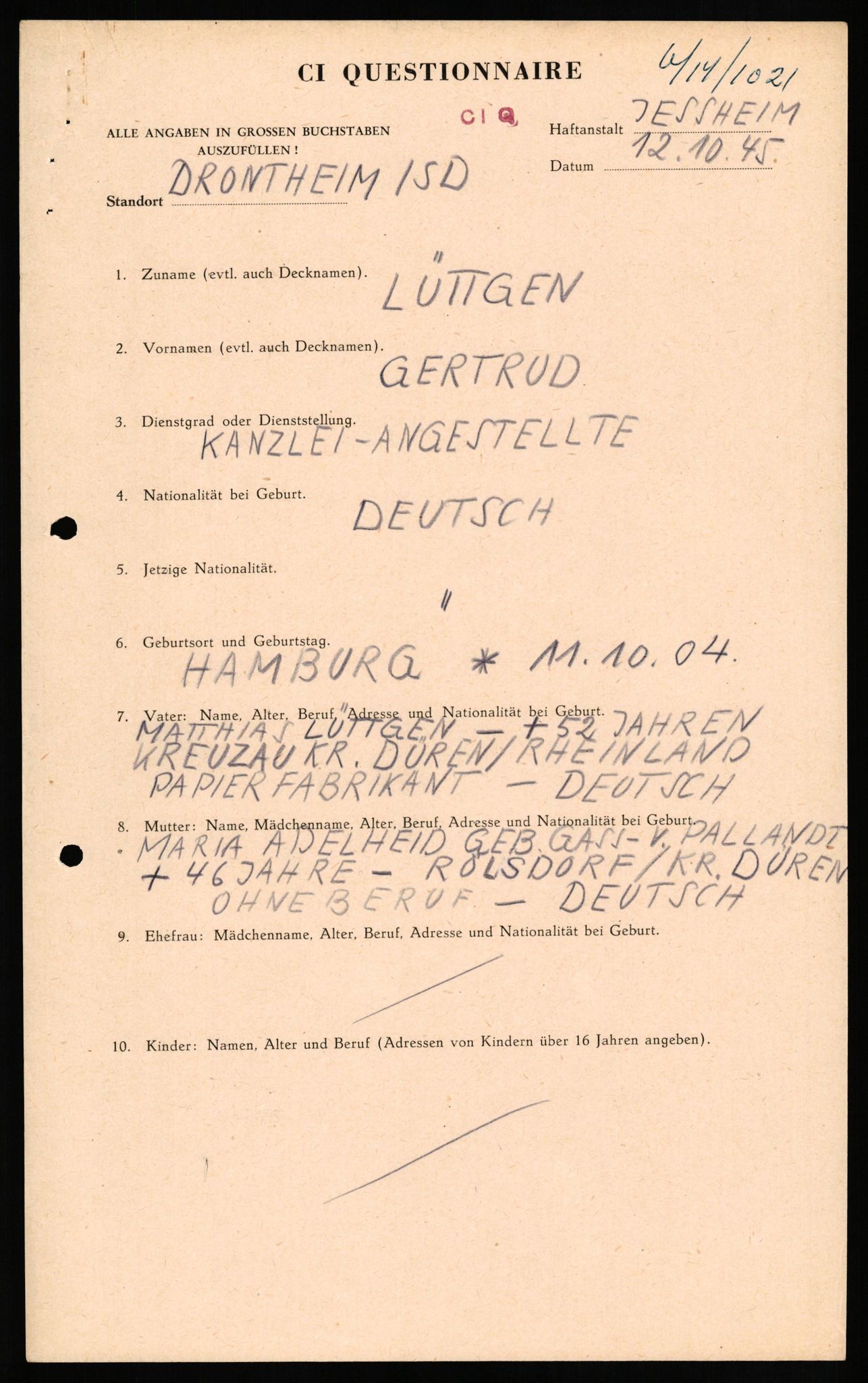 Forsvaret, Forsvarets overkommando II, AV/RA-RAFA-3915/D/Db/L0020: CI Questionaires. Tyske okkupasjonsstyrker i Norge. Tyskere., 1945-1946, p. 484