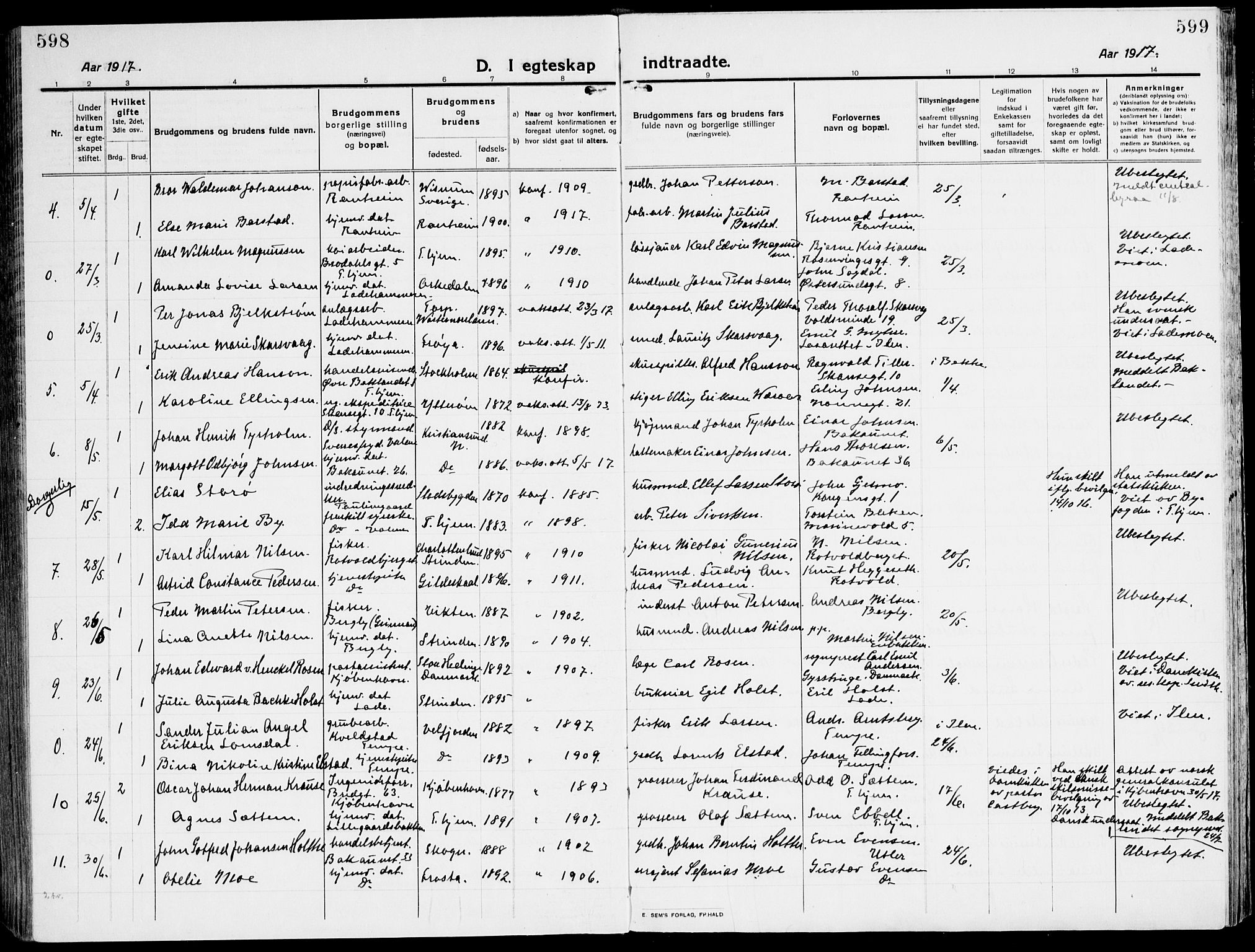 Ministerialprotokoller, klokkerbøker og fødselsregistre - Sør-Trøndelag, SAT/A-1456/607/L0321: Parish register (official) no. 607A05, 1916-1935, p. 598-599