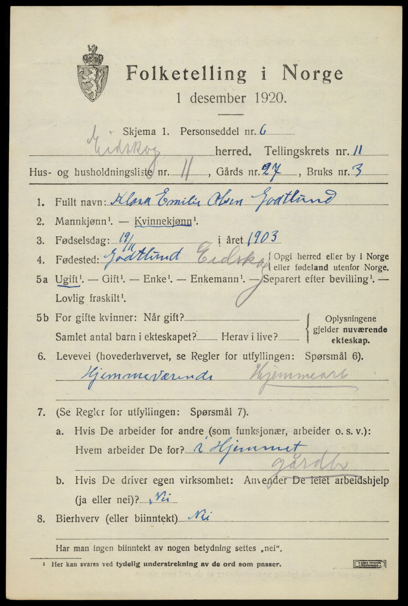 SAH, 1920 census for Eidskog, 1920, p. 11715