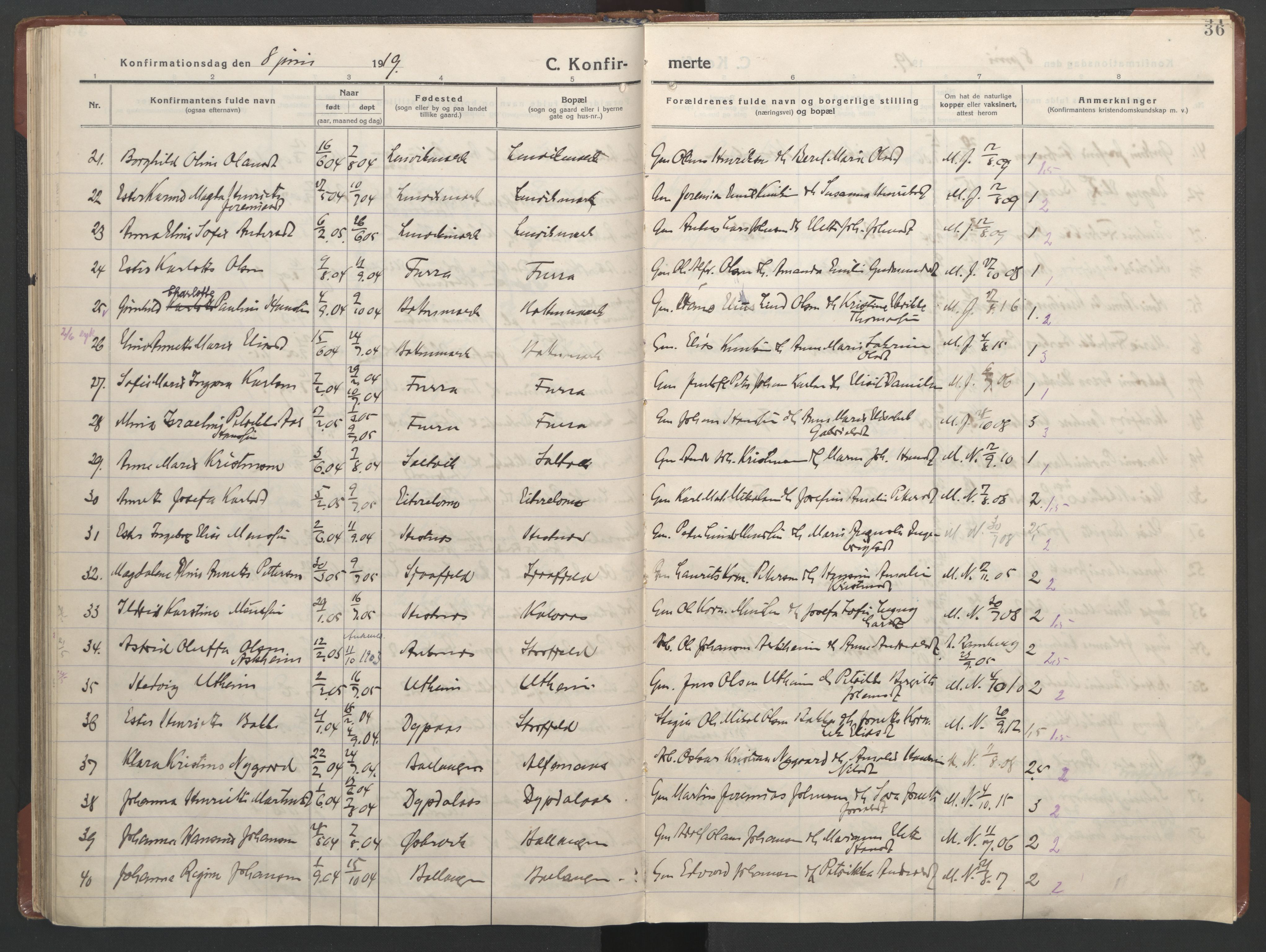 Ministerialprotokoller, klokkerbøker og fødselsregistre - Nordland, AV/SAT-A-1459/863/L0918: Parish register (copy) no. 863C08, 1906-1921, p. 36