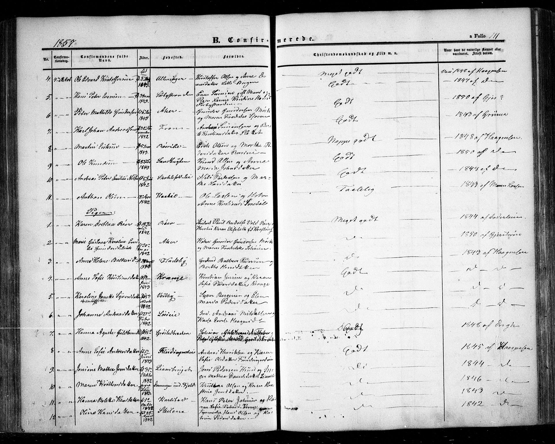 Nesodden prestekontor Kirkebøker, AV/SAO-A-10013/F/Fa/L0007: Parish register (official) no. I 7, 1848-1868, p. 111