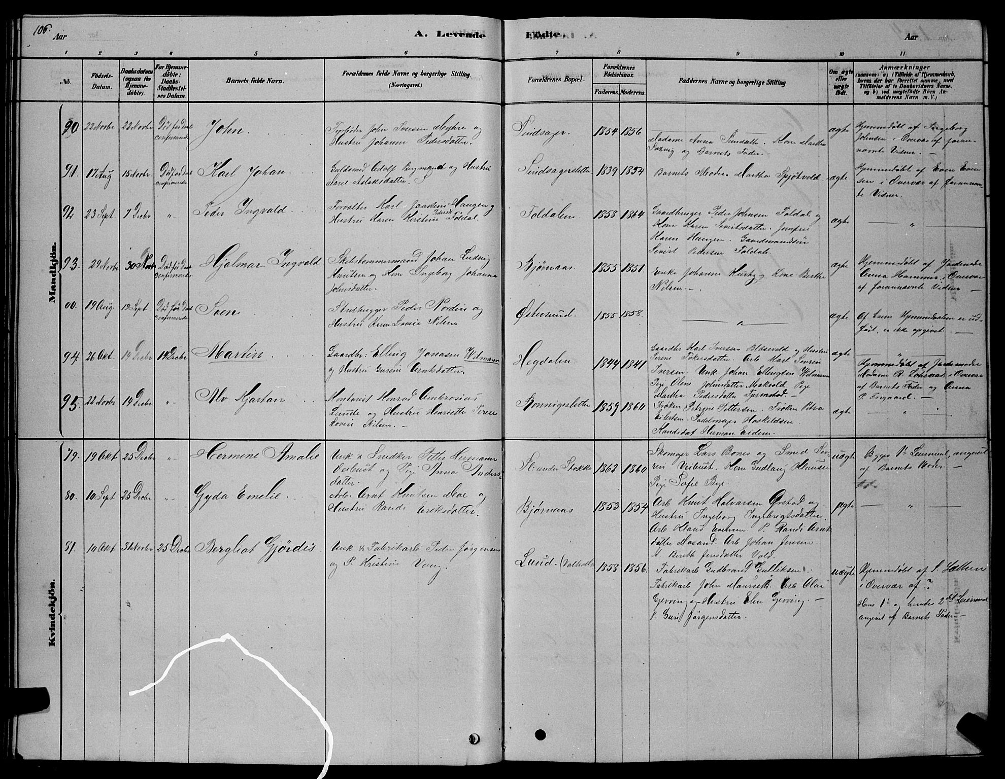 Ministerialprotokoller, klokkerbøker og fødselsregistre - Sør-Trøndelag, SAT/A-1456/606/L0312: Parish register (copy) no. 606C08, 1878-1894, p. 106