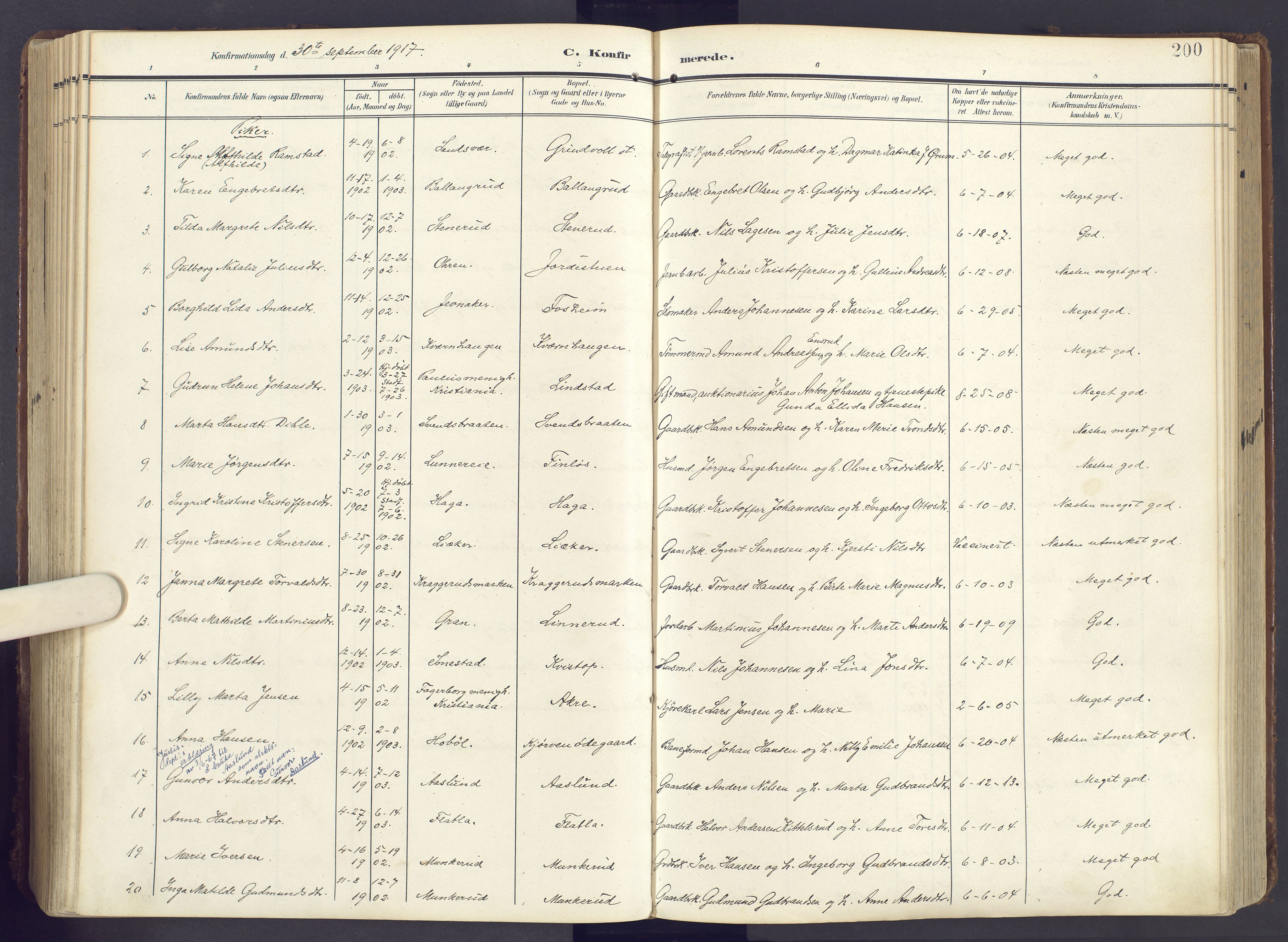 Lunner prestekontor, AV/SAH-PREST-118/H/Ha/Haa/L0001: Parish register (official) no. 1, 1907-1922, p. 200