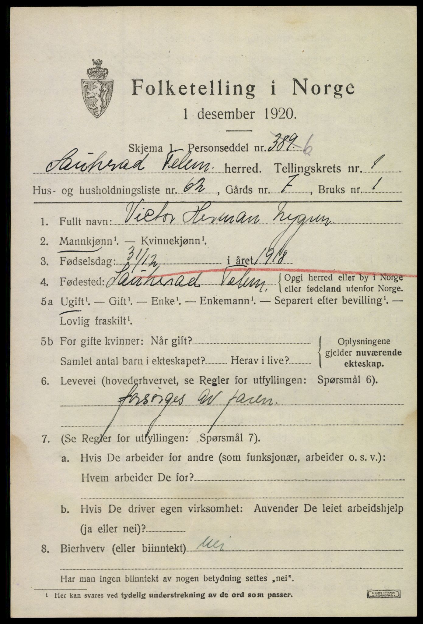 SAKO, 1920 census for Sauherad, 1920, p. 2303