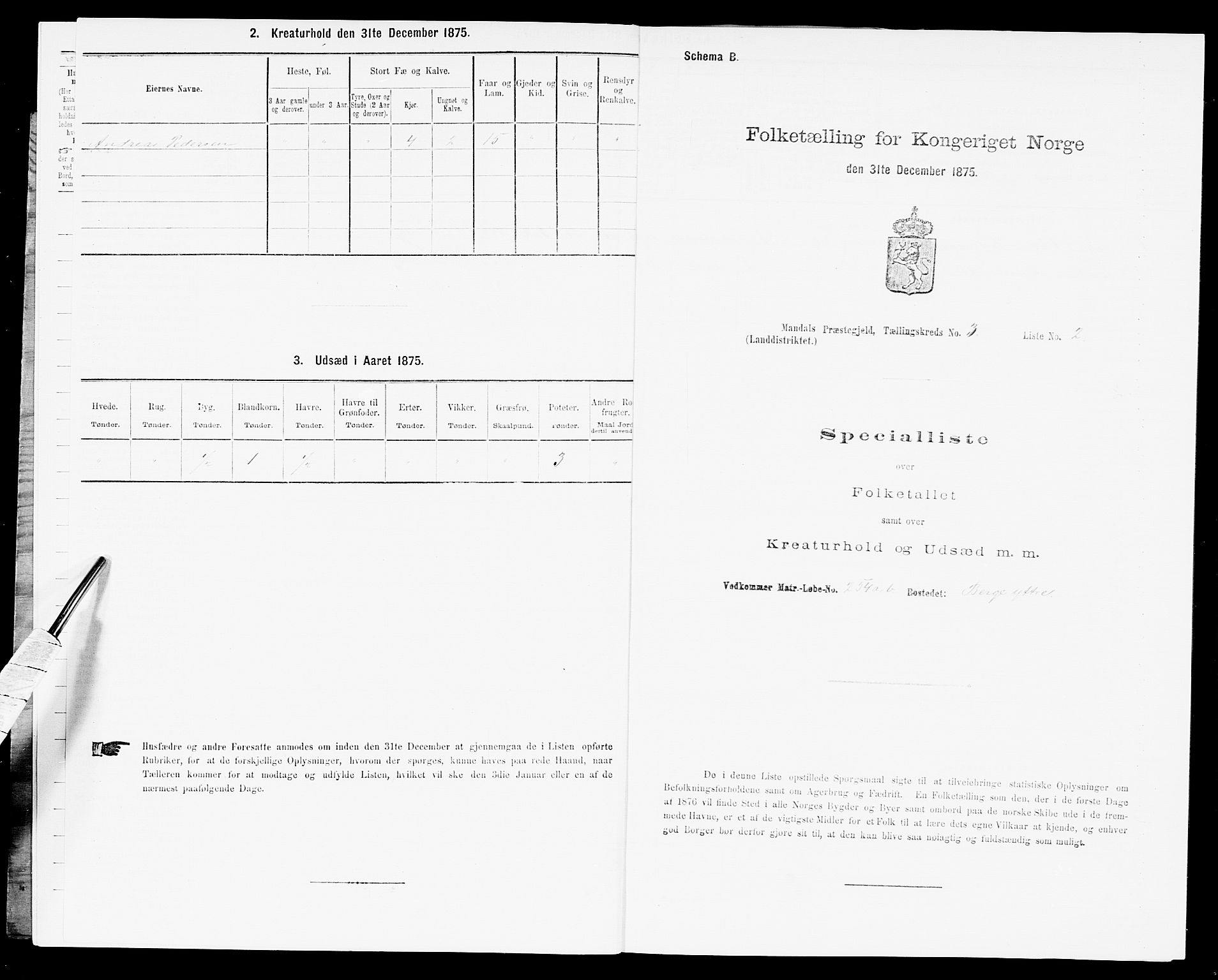 SAK, 1875 census for 1019L Mandal/Halse og Harkmark, 1875, p. 357