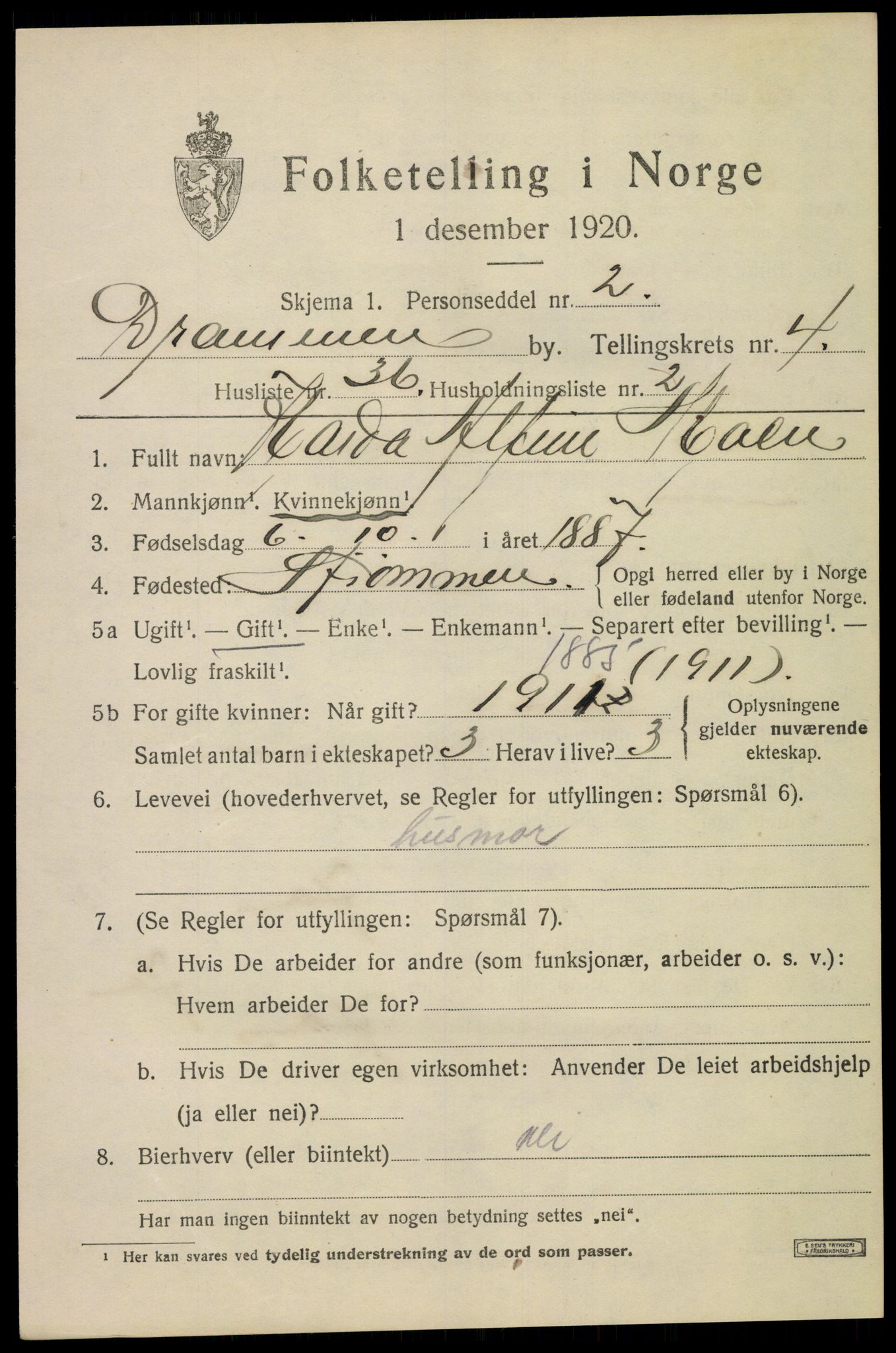 SAKO, 1920 census for Drammen, 1920, p. 33351