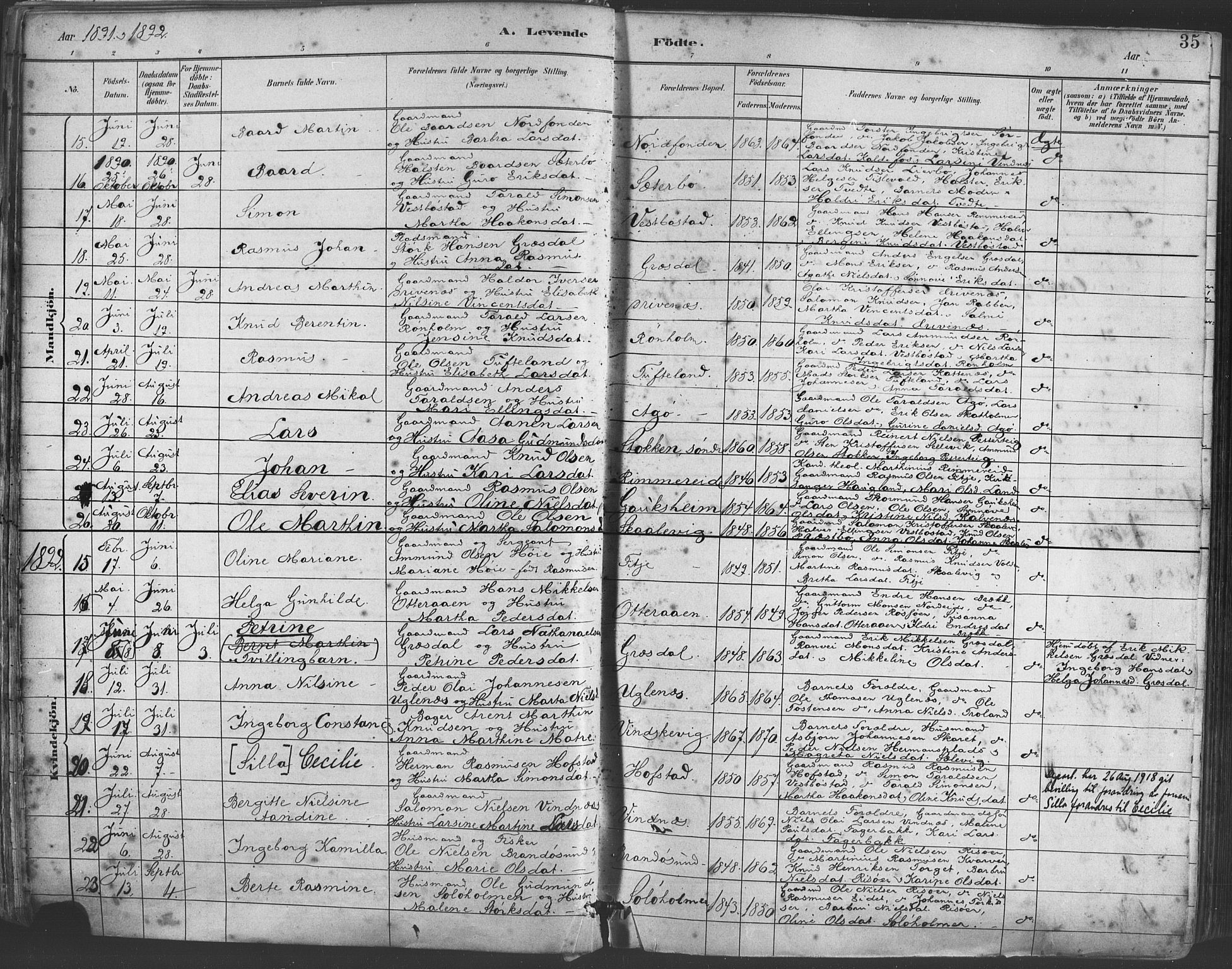 Fitjar sokneprestembete, AV/SAB-A-99926: Parish register (official) no. A 2, 1882-1899, p. 35