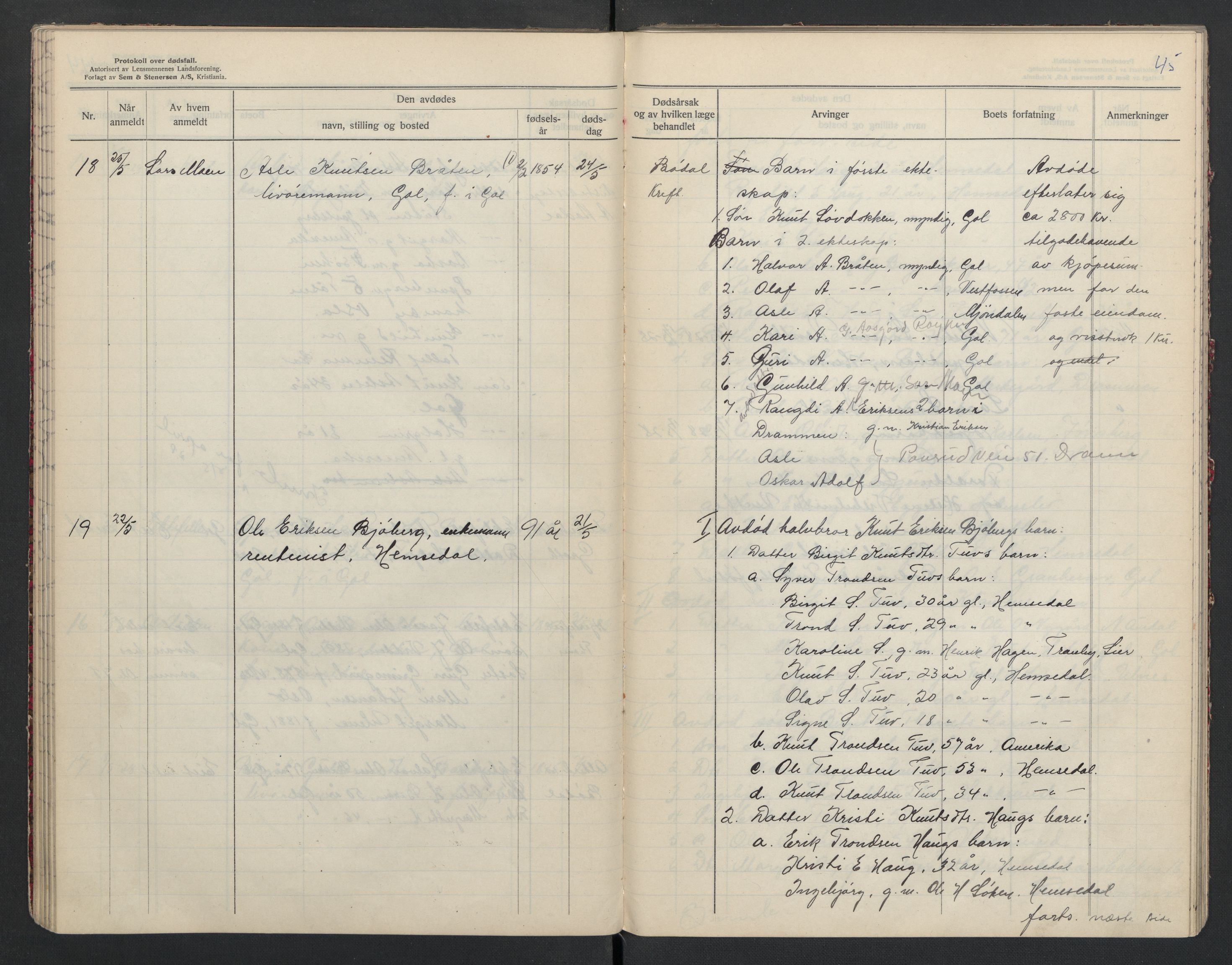 Gol og Hemsedal lensmannskontor, AV/SAKO-A-510/H/Ha/L0001: Dødsfallsprotokoll, 1925-1933, p. 45