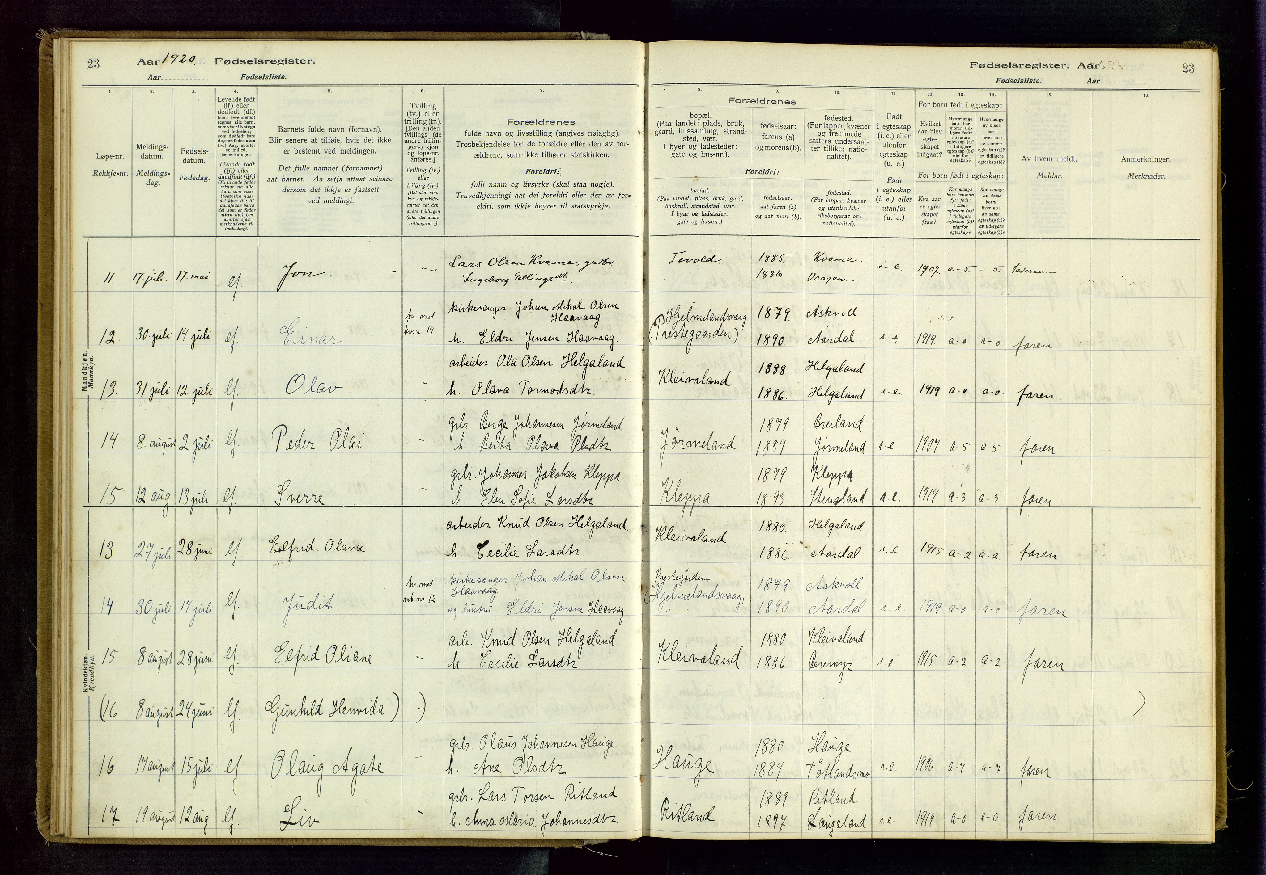 Hjelmeland sokneprestkontor, AV/SAST-A-101843/02/B/L0001: Birth register no. 1, 1916-1963, p. 23