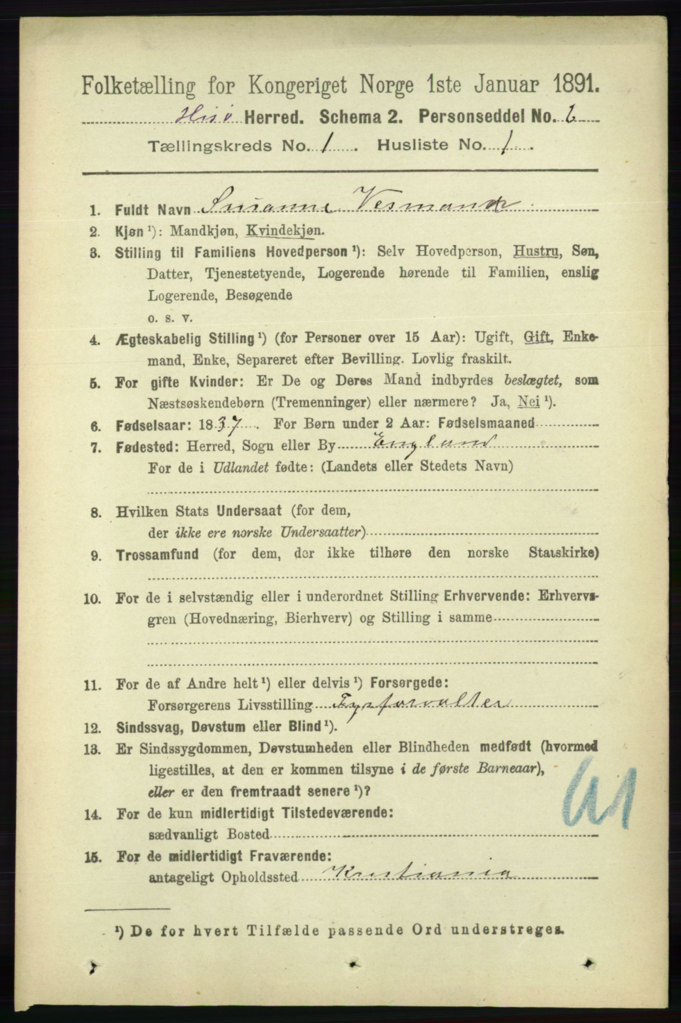 RA, 1891 census for 0922 Hisøy, 1891, p. 124