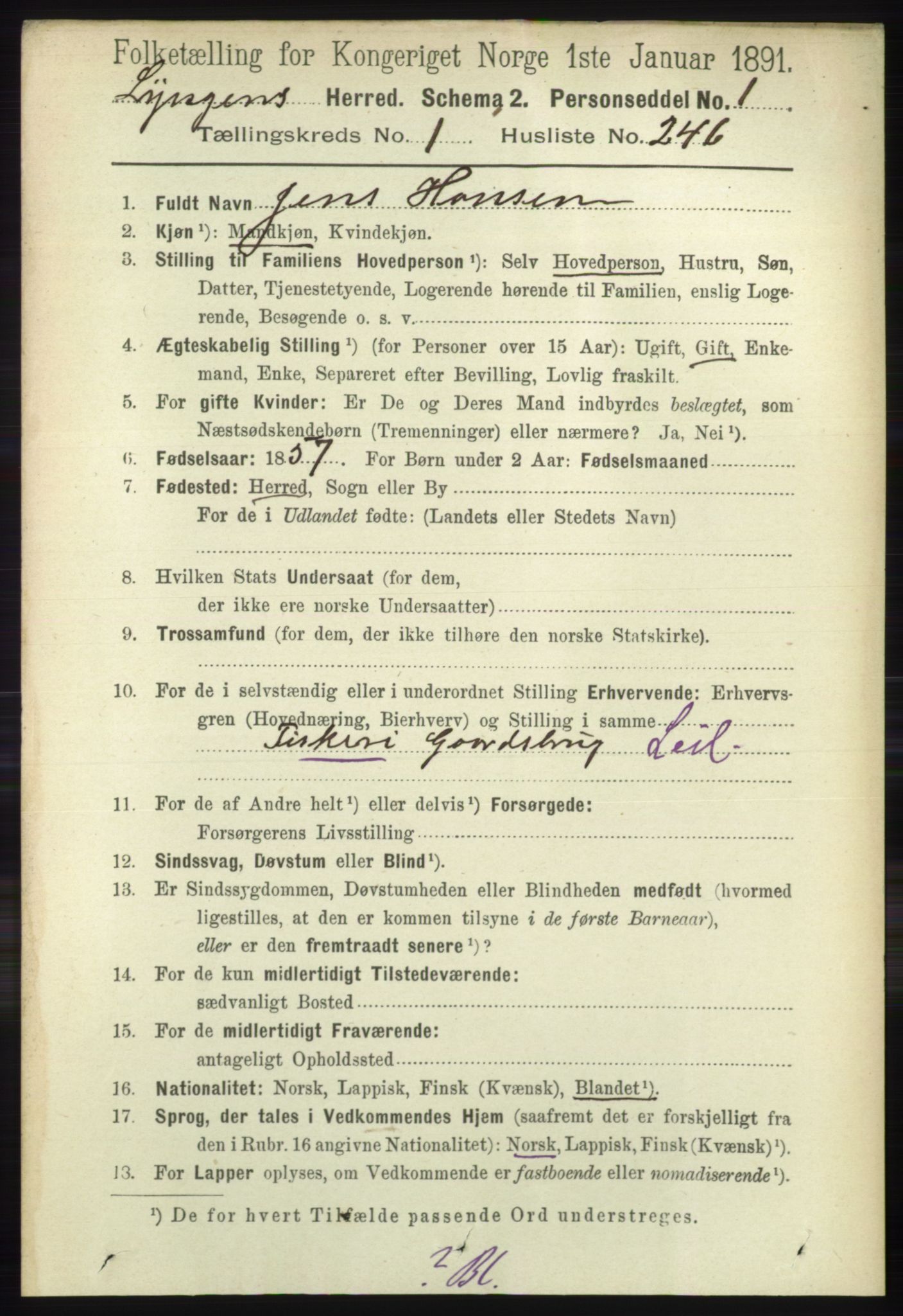 RA, 1891 census for 1938 Lyngen, 1891, p. 1910