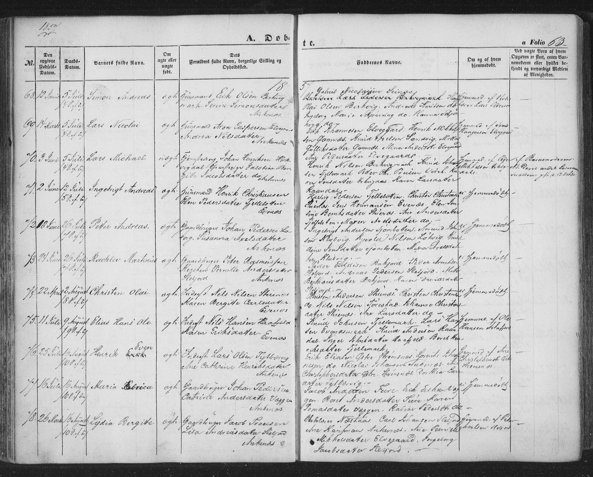 Ministerialprotokoller, klokkerbøker og fødselsregistre - Nordland, AV/SAT-A-1459/863/L0895: Parish register (official) no. 863A07, 1851-1860, p. 63