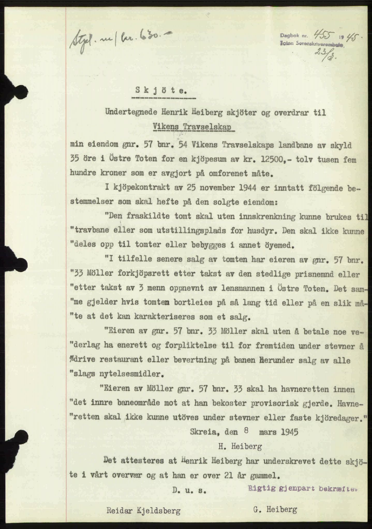 Toten tingrett, SAH/TING-006/H/Hb/Hbc/L0013: Mortgage book no. Hbc-13, 1945-1945, Diary no: : 455/1945